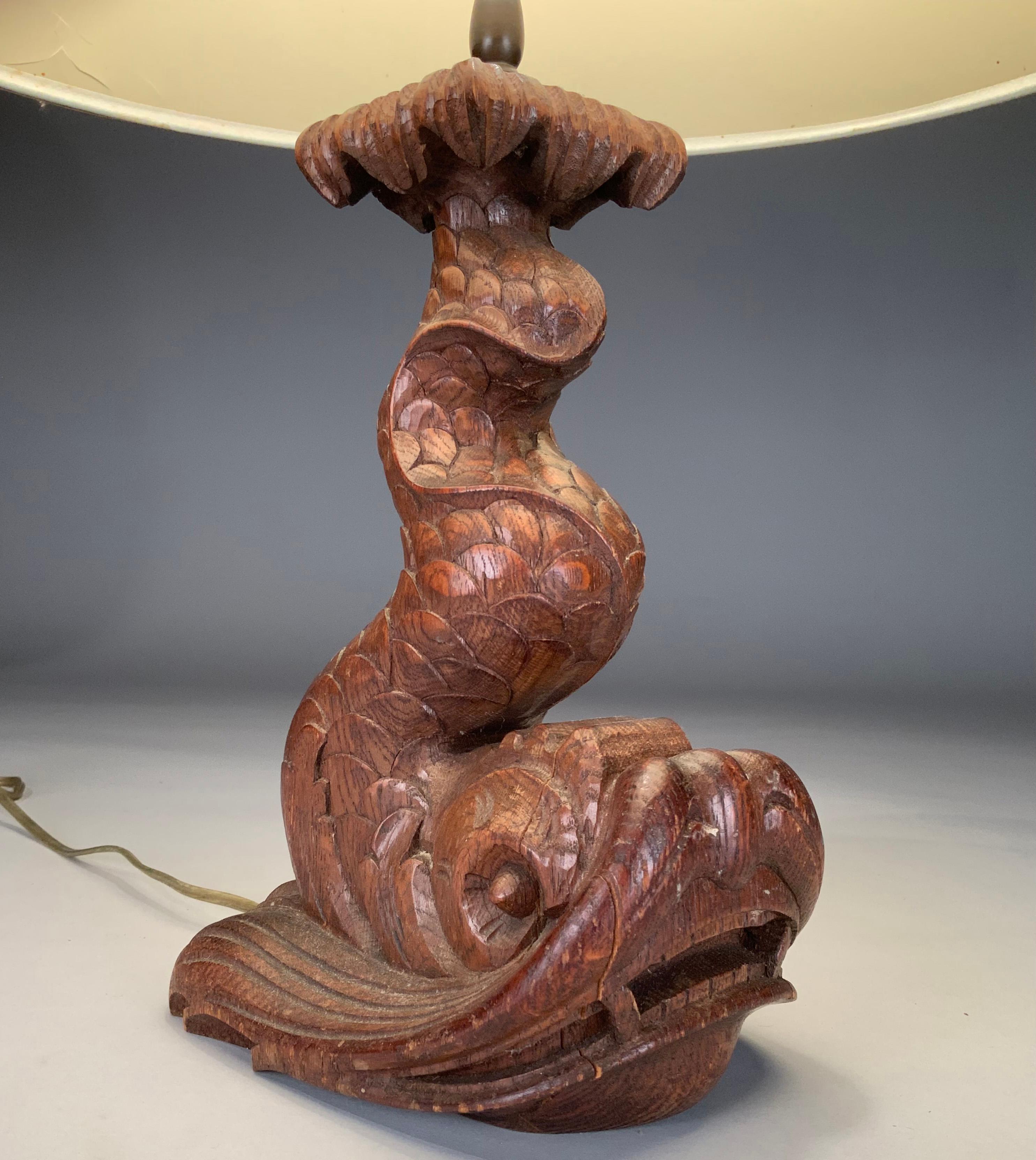 Hardwood Pair of 1940's Carved Wood Koi Fish Table Lamps For Sale