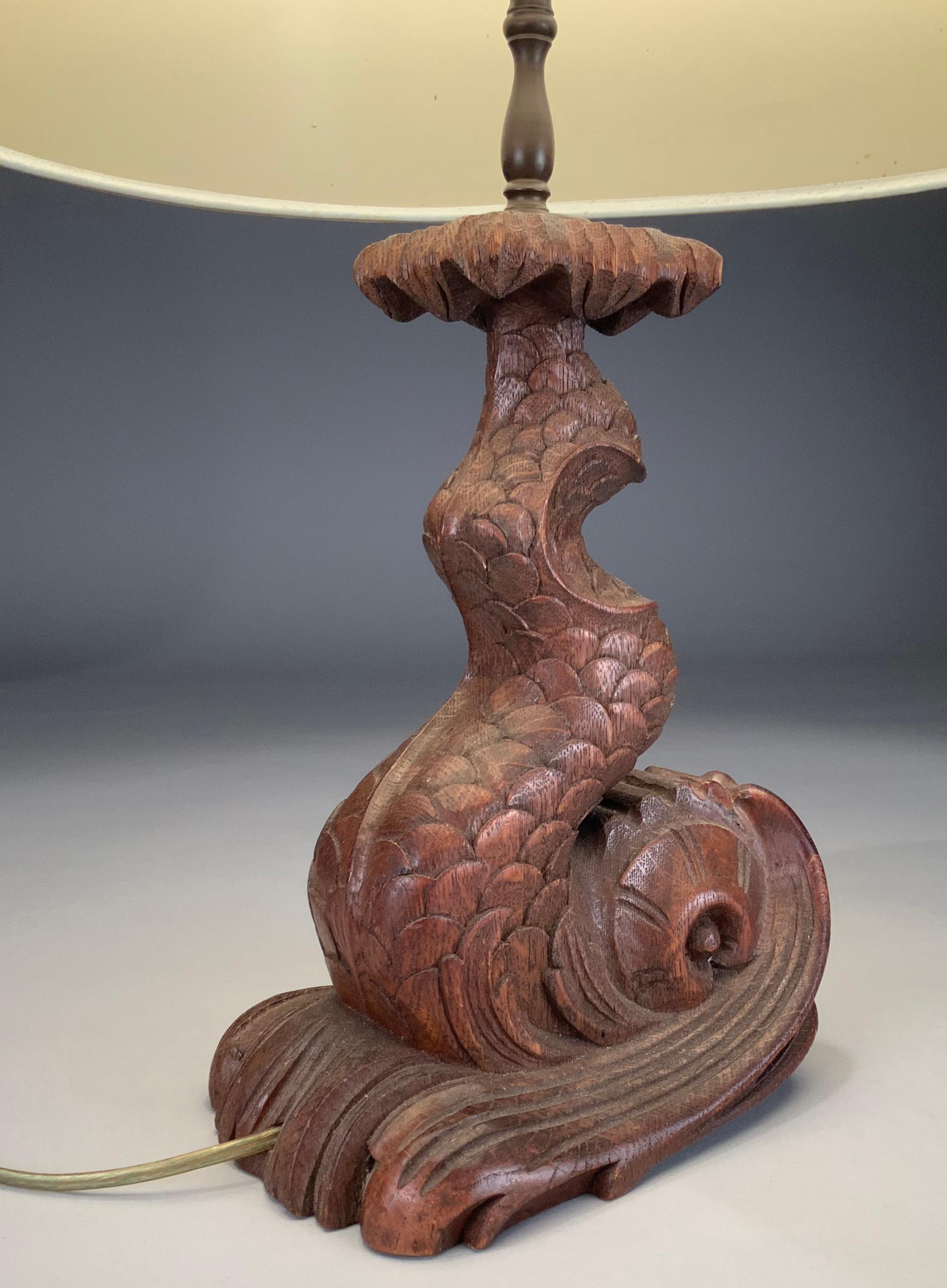 Pair of 1940's Carved Wood Koi Fish Table Lamps For Sale 1