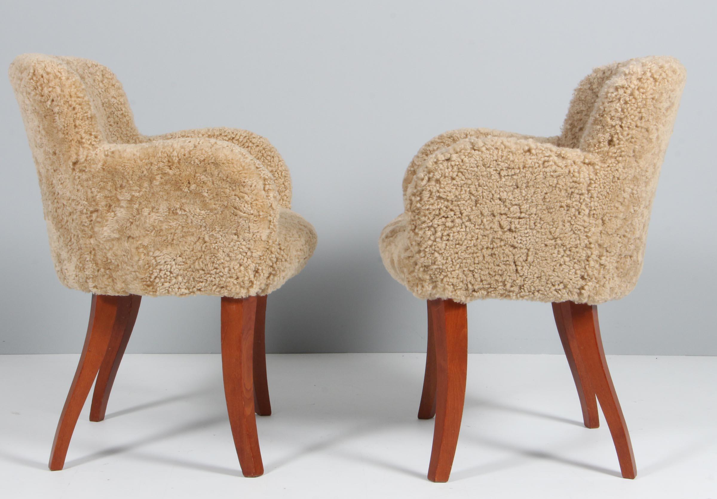 Sheepskin Pair of 1940s Chairs in Lambskind with Mahogany Legs, Denmark For Sale