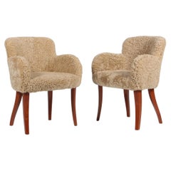 Pair of 1940s Chairs in Lambskind with Mahogany Legs, Denmark