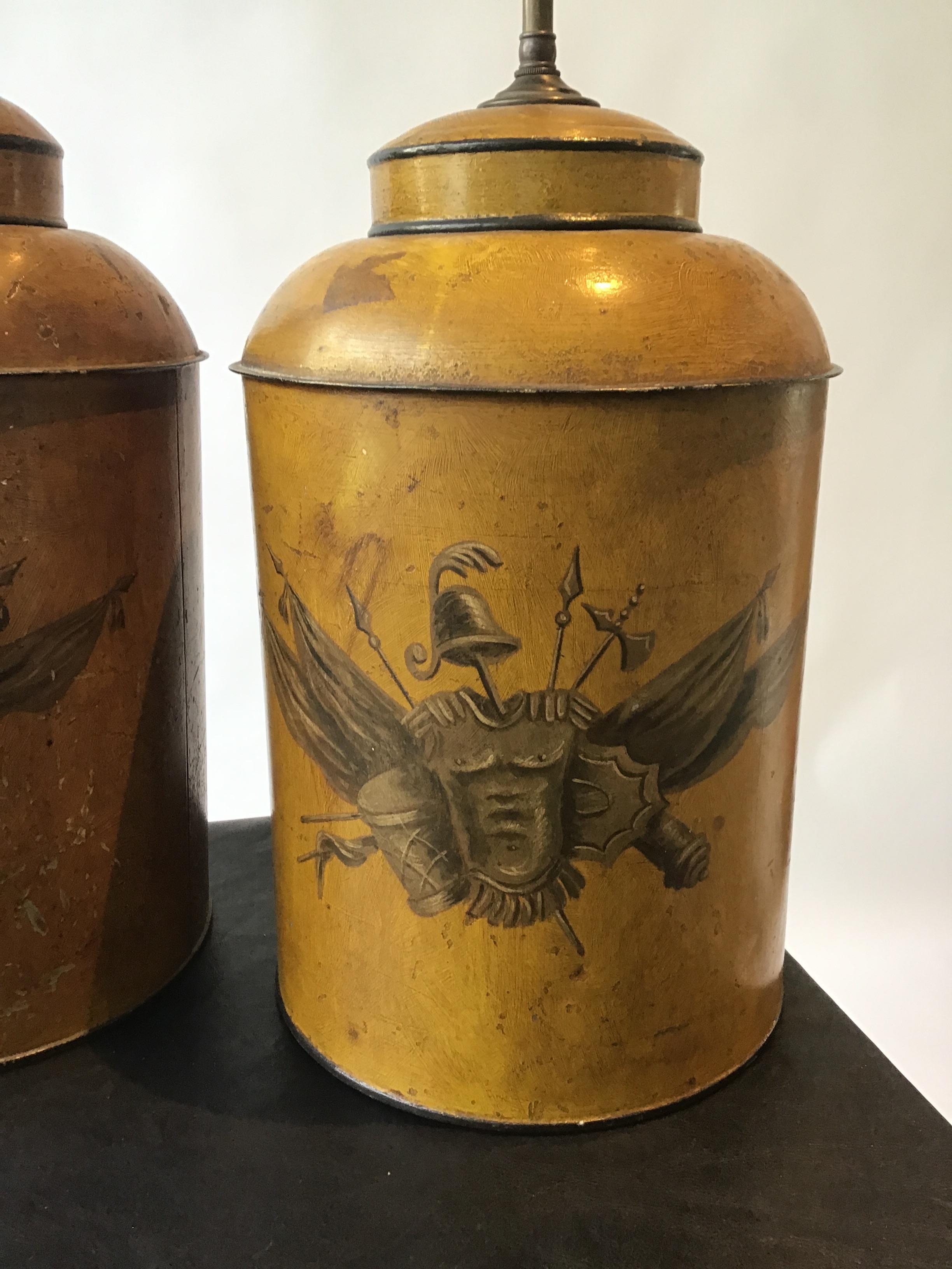 Pair of 1940s hand painted classical tole lamps.