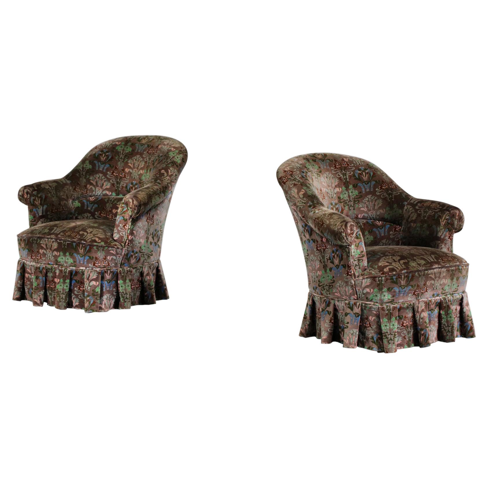 Pair of 1940's "crapaud" Armchairs Reupholstered with Art Nouveau Velvet