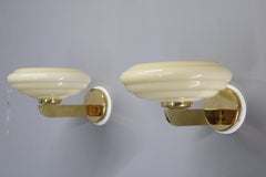 Pair of 1940s Czechoslovak Art Deco Brass Wall Lights with Opaline Glass Shades
