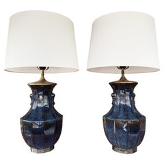 Vintage Pair of 1940s Danish Blue Ceramic Table Lamps