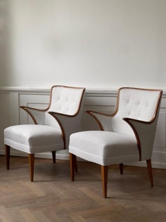 Pareja de butacas de ebanista danesas de los años 40 retapizadas en lino Pierre Frey