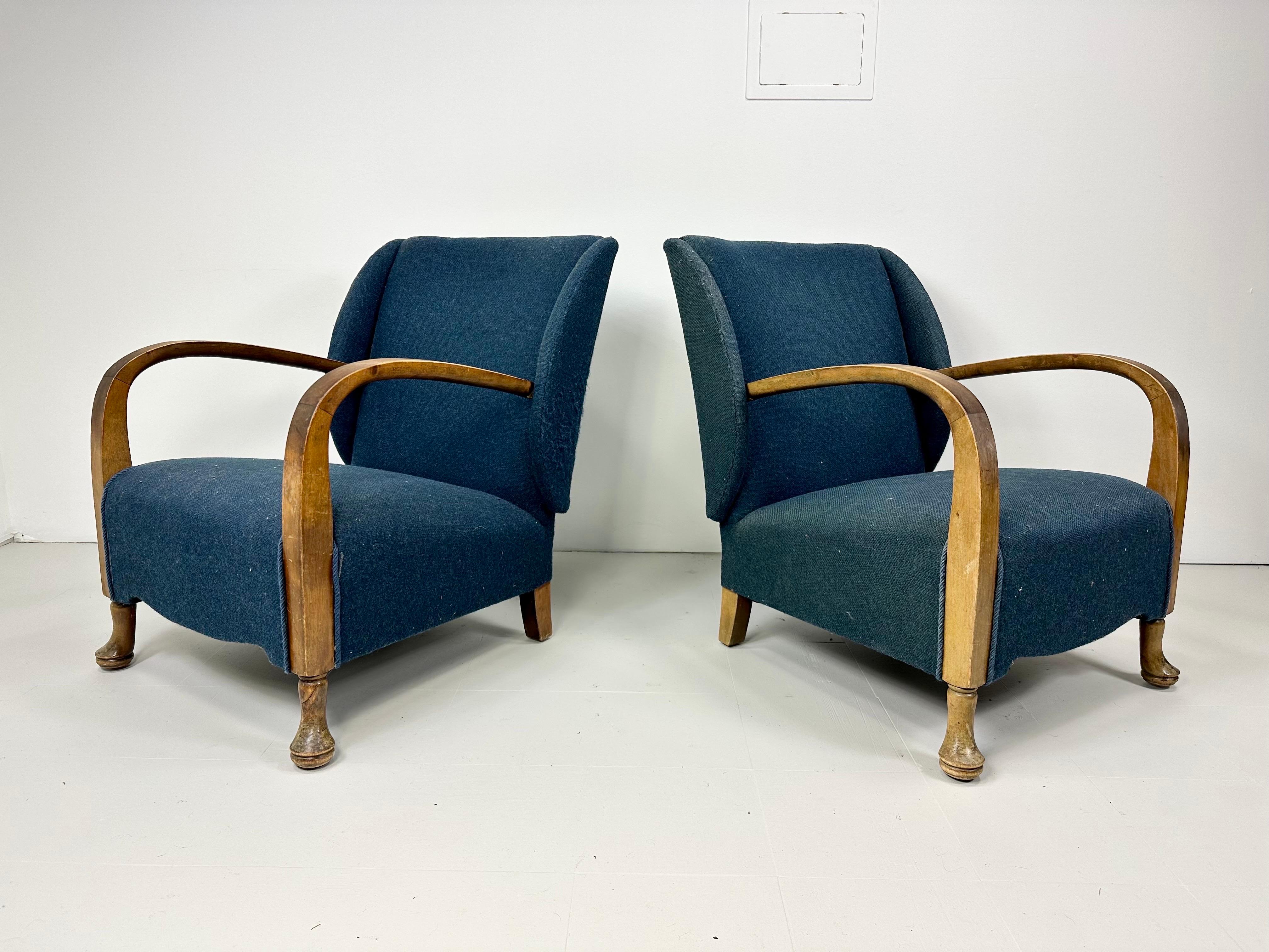 Pair of 1940’s Danish Lounge Chairs. Beech Frames, original wool upholstery. Well made Danish cabinetmaker chairs.

Delivery to NYC area available for $399.  Please inquire.