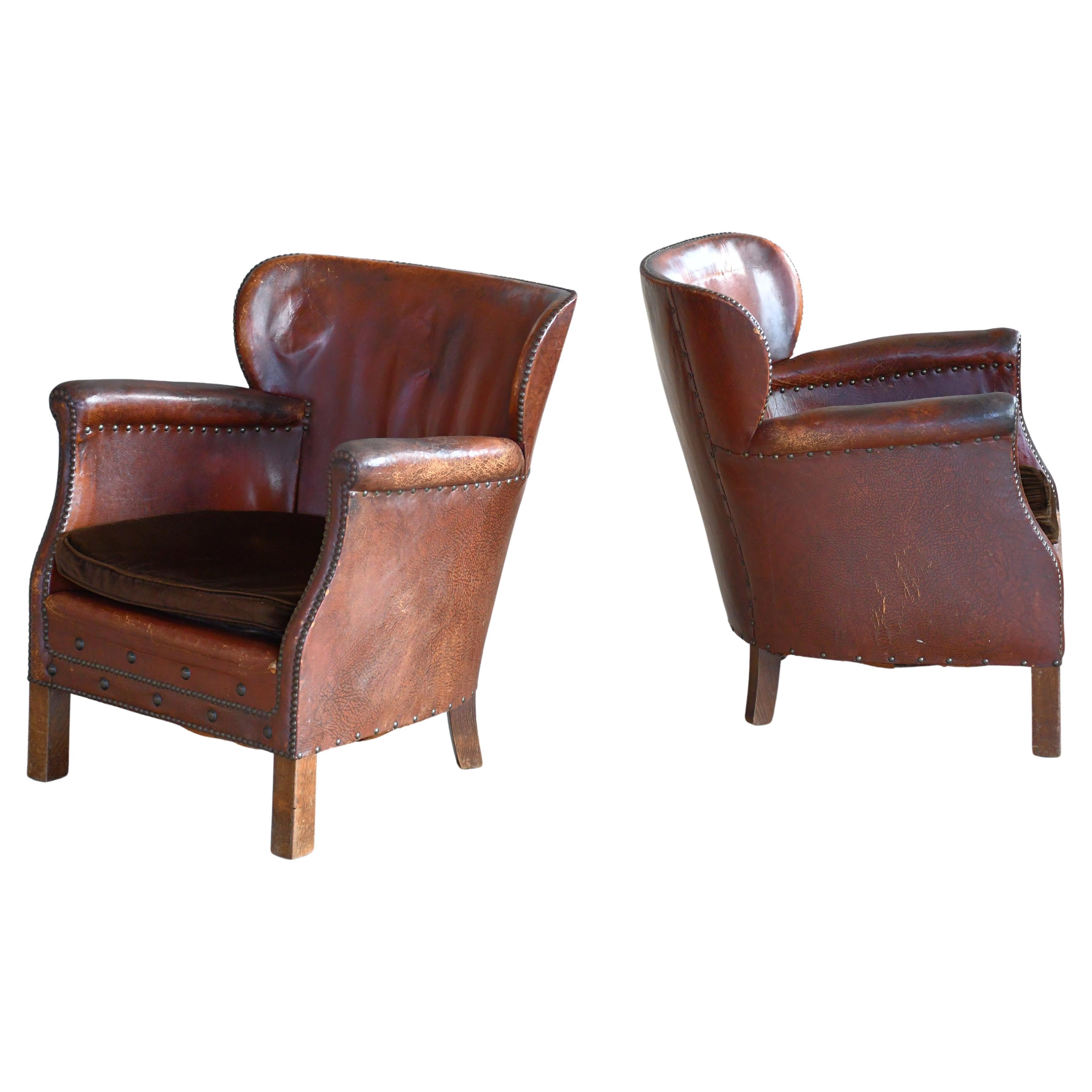 Pair of 1940s Danish Small Club or Library Chairs in Brown Patinated Leather