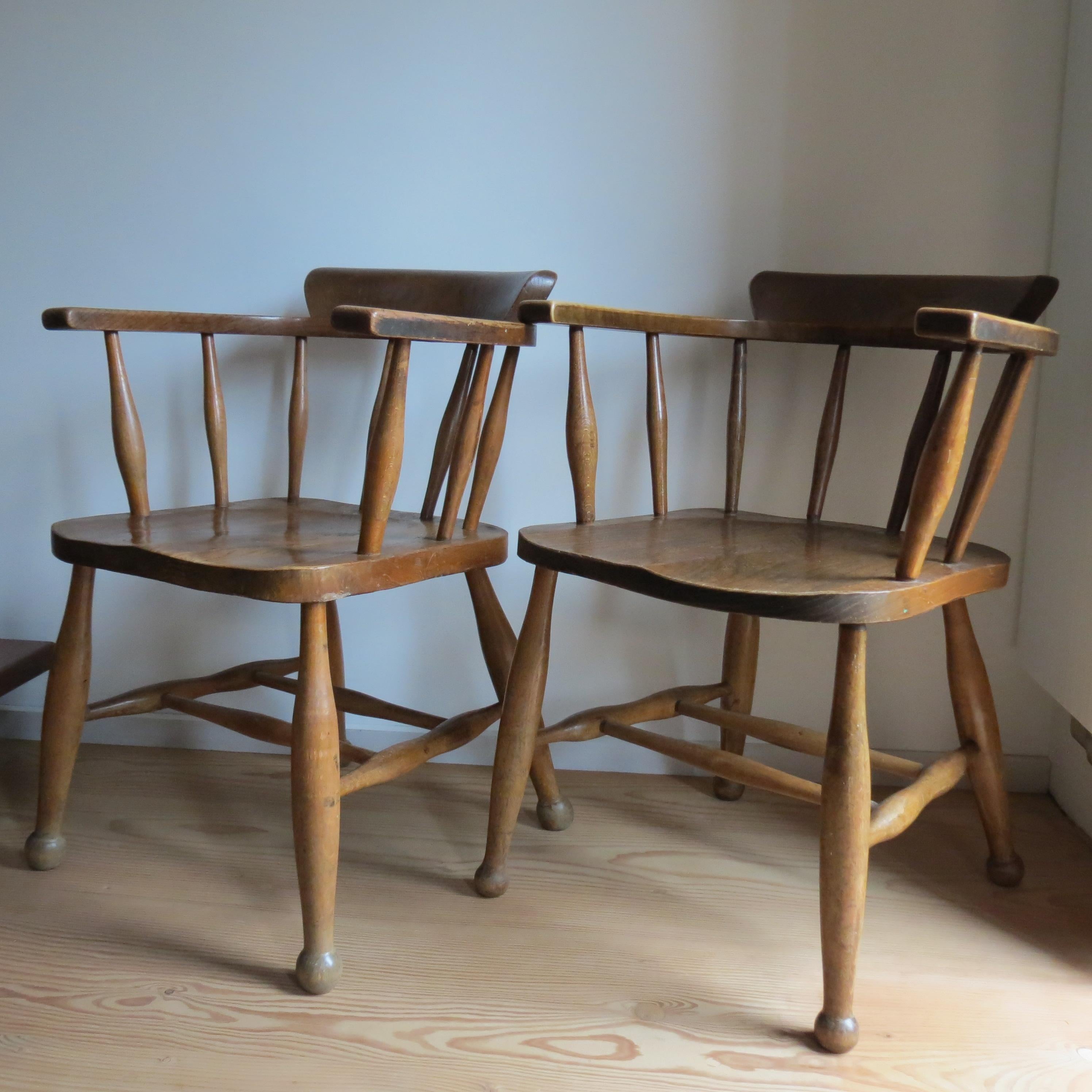 English Pair of 1940s Elm Captain carver chairs CC41 Utility Design Furniture