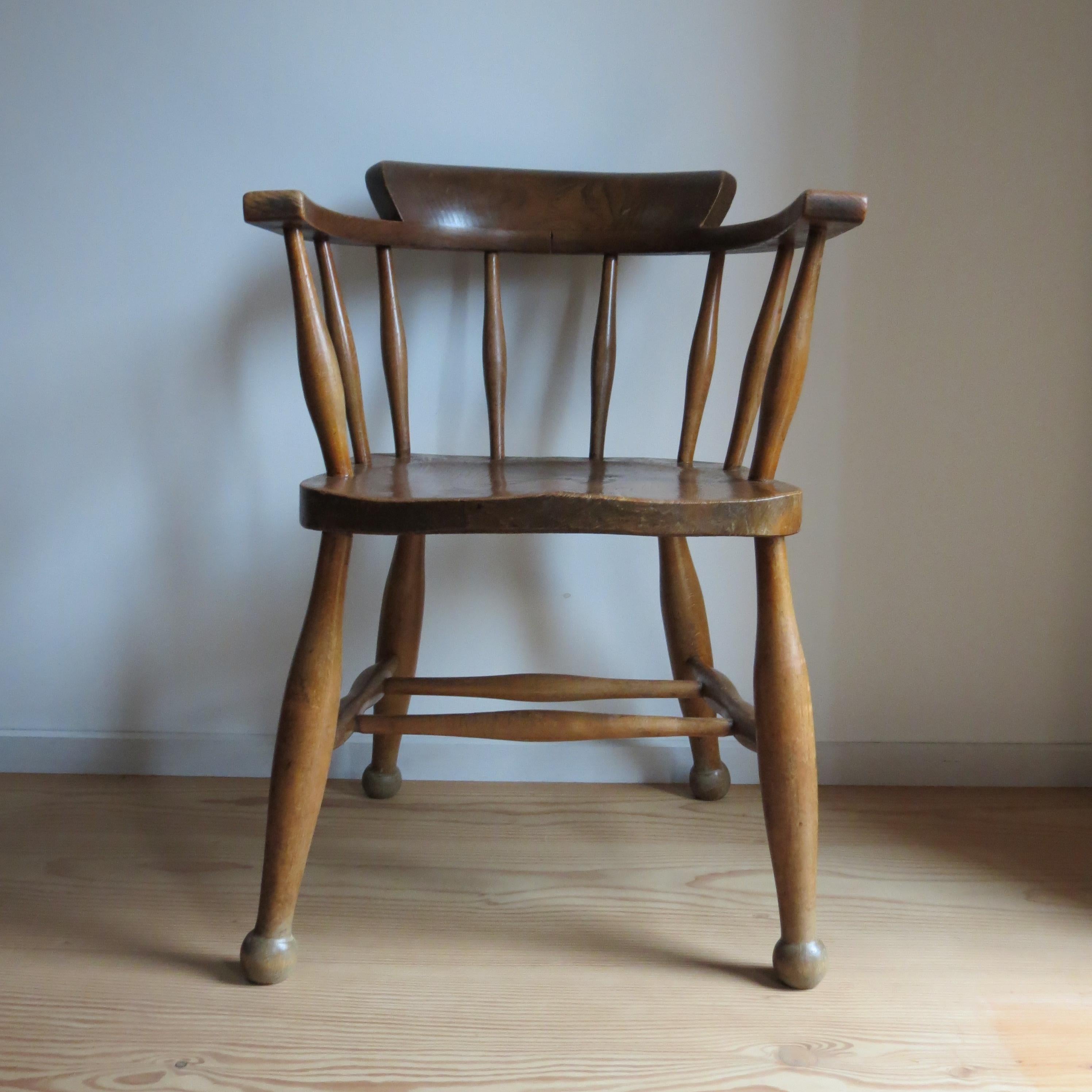 Hand-Crafted Pair of 1940s Elm Captain carver chairs CC41 Utility Design Furniture