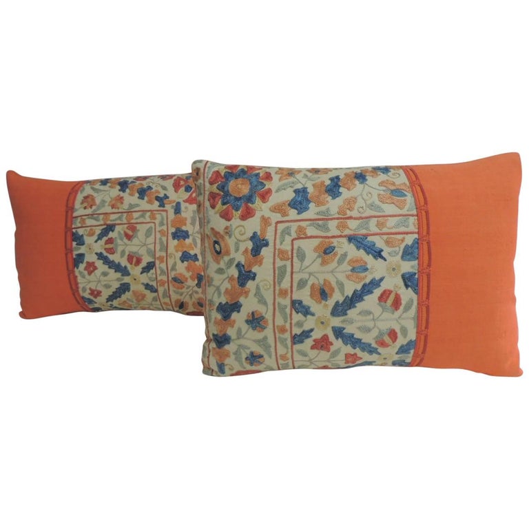 Pair Of 1940s Embroidery Floral Vintage Suzani Bolster Decorative
