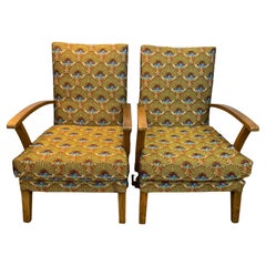Pair of 1940s English Utility Armchairs Upholstered in Tropical Paradise Fabric