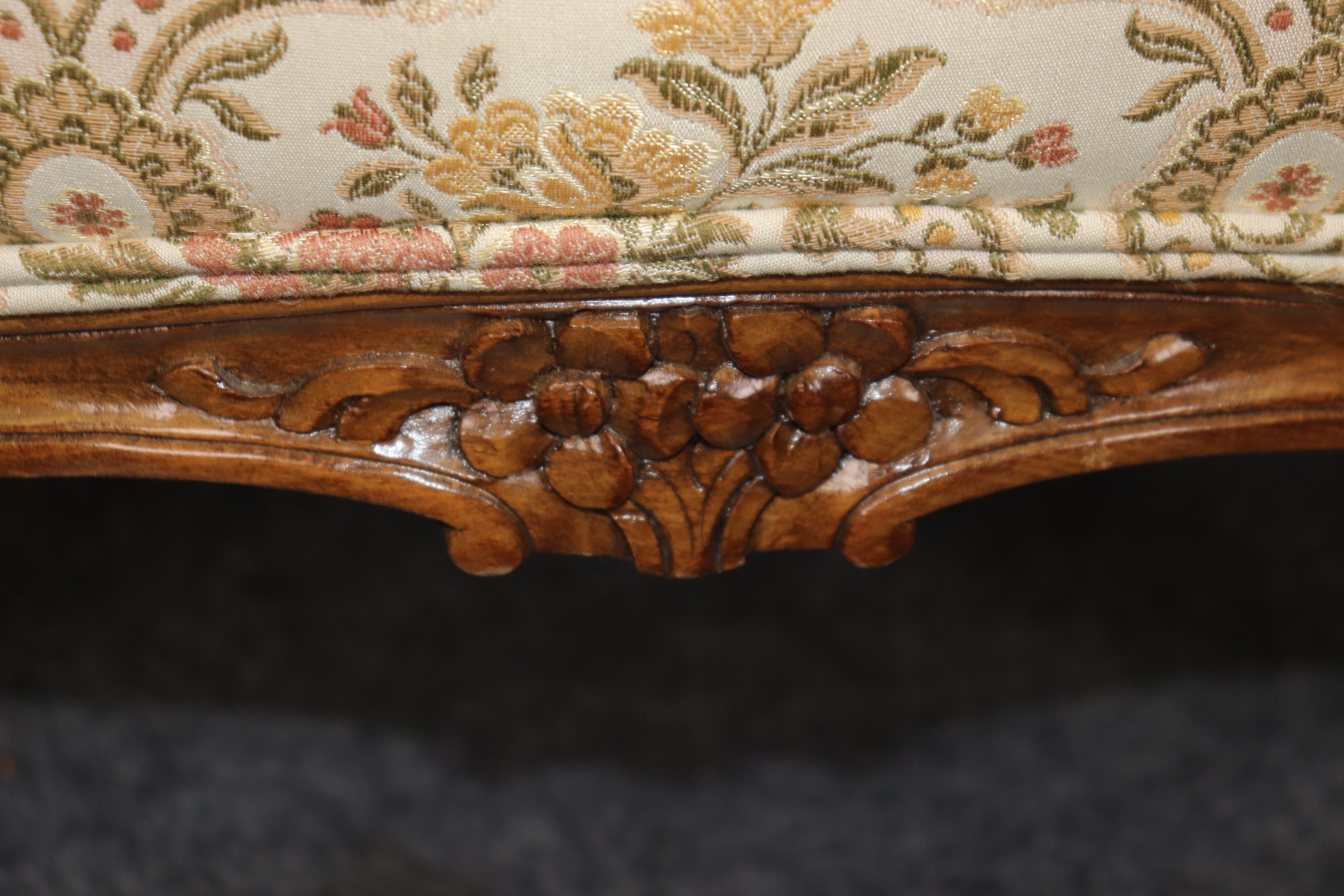 Pair of 1940s era French Walnut Carved Louis XV Style Bergere Lounge Chairs For Sale 6