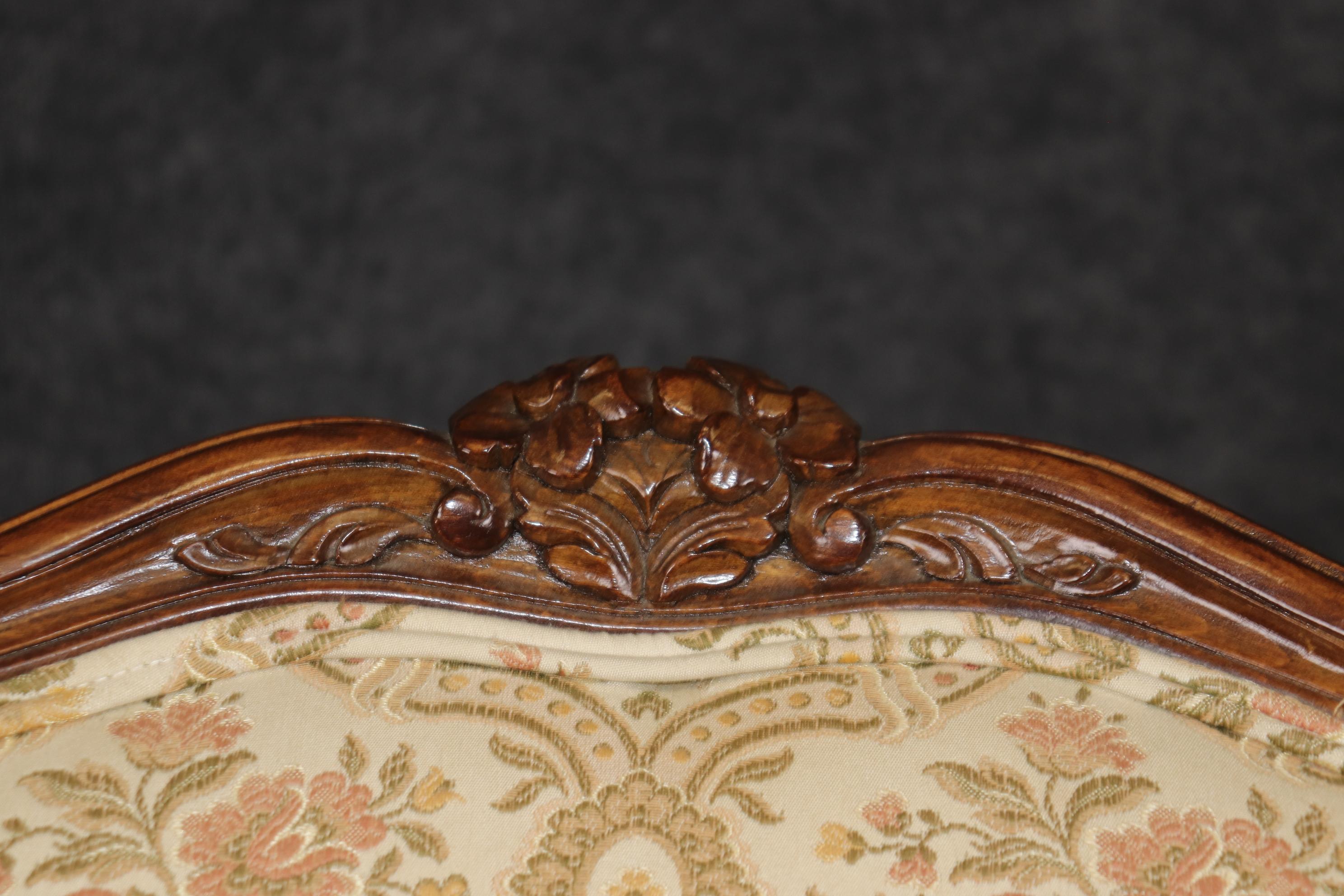 Pair of 1940s era French Walnut Carved Louis XV Style Bergere Lounge Chairs For Sale 4