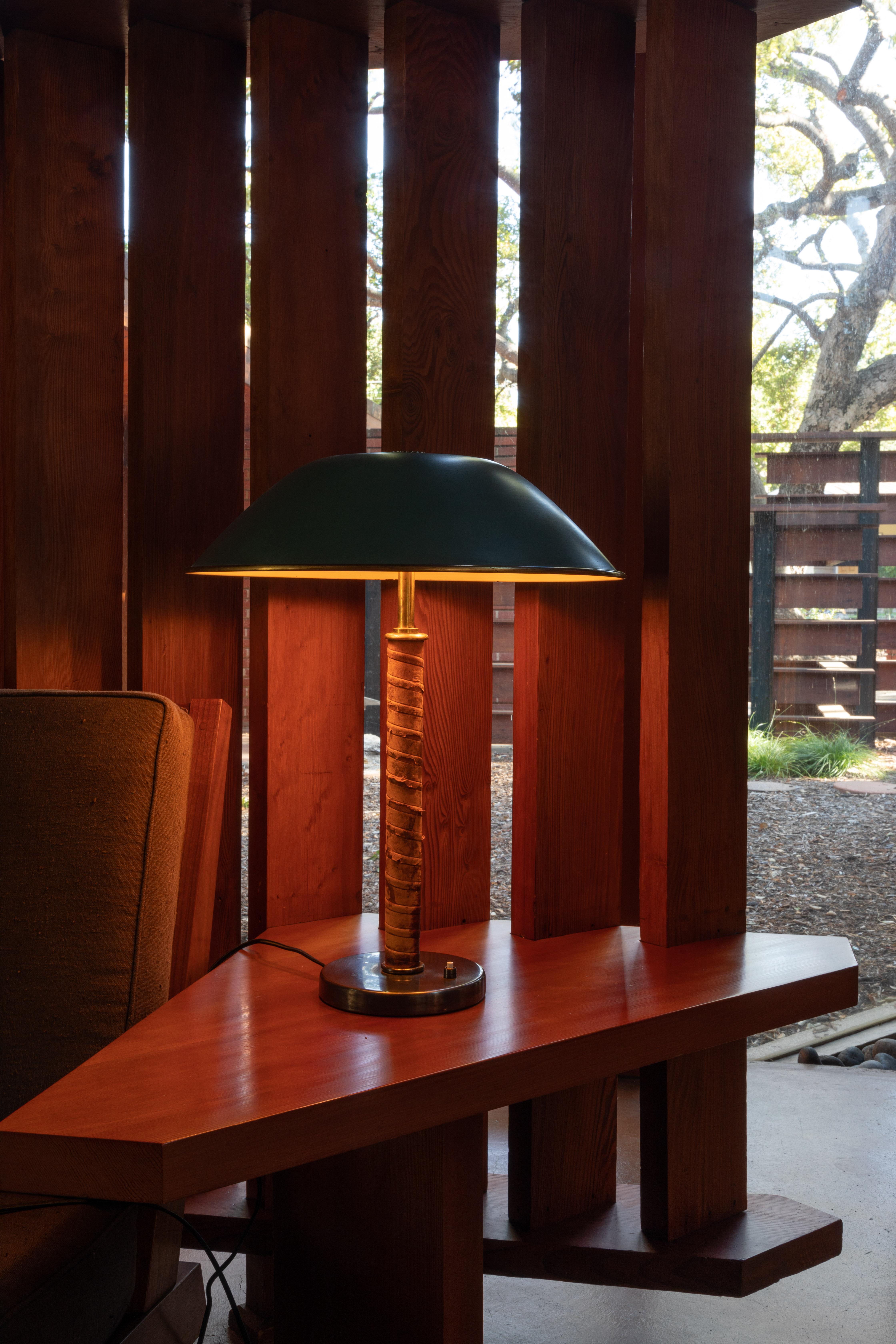 Scandinavian Modern Pair of 1940s Böhlmarks Brass and Leather Table Lamps