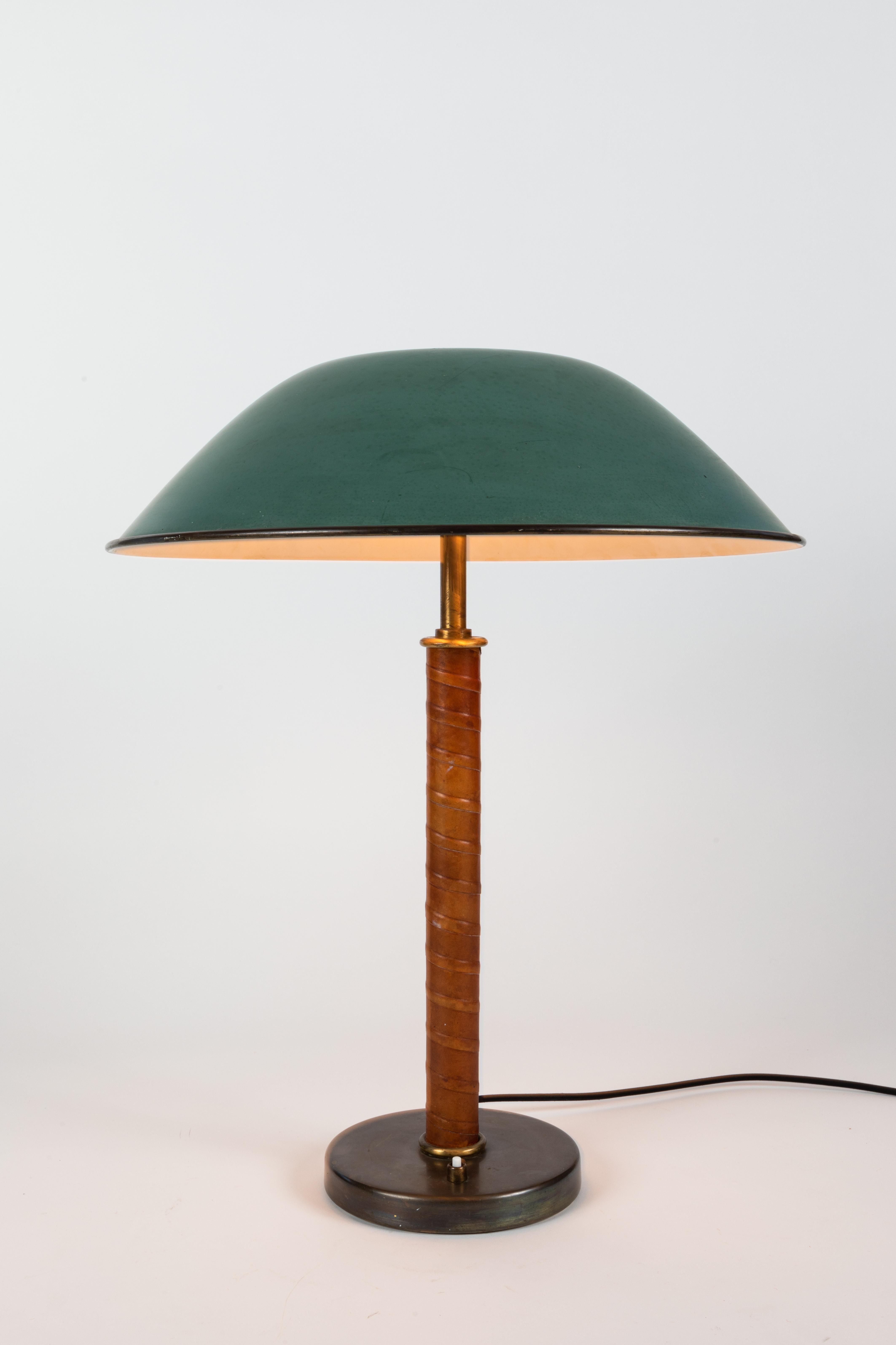 Swedish Pair of 1940s Böhlmarks Brass and Leather Table Lamps