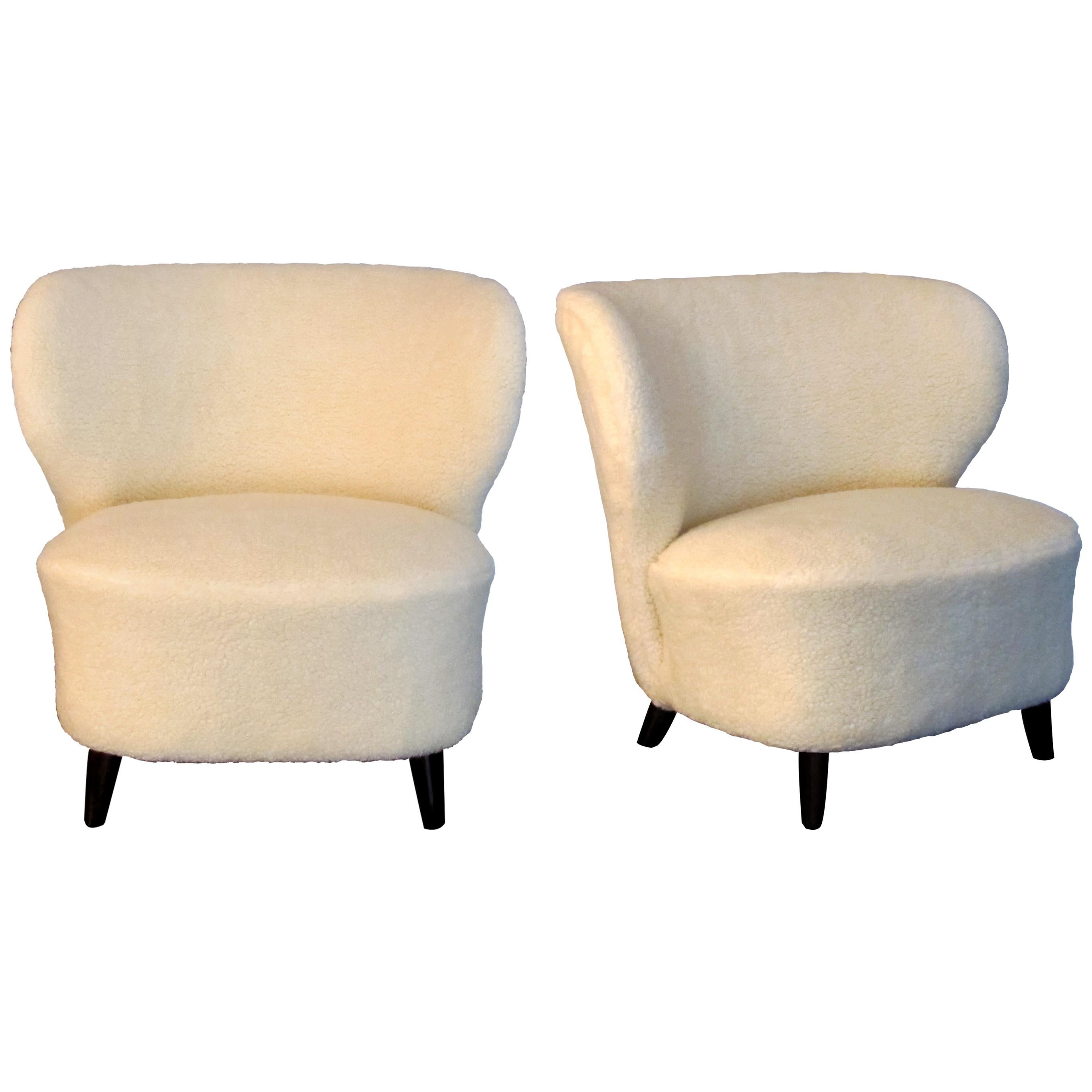 Other Pair of 1940s Finnish Curved Wingback Lounge Armchairs in Soft Lambskin Fabric