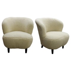 Pair of 1940’s Finnish Lounge Armchairs Upholstered with a Lambskin Mix Fabric