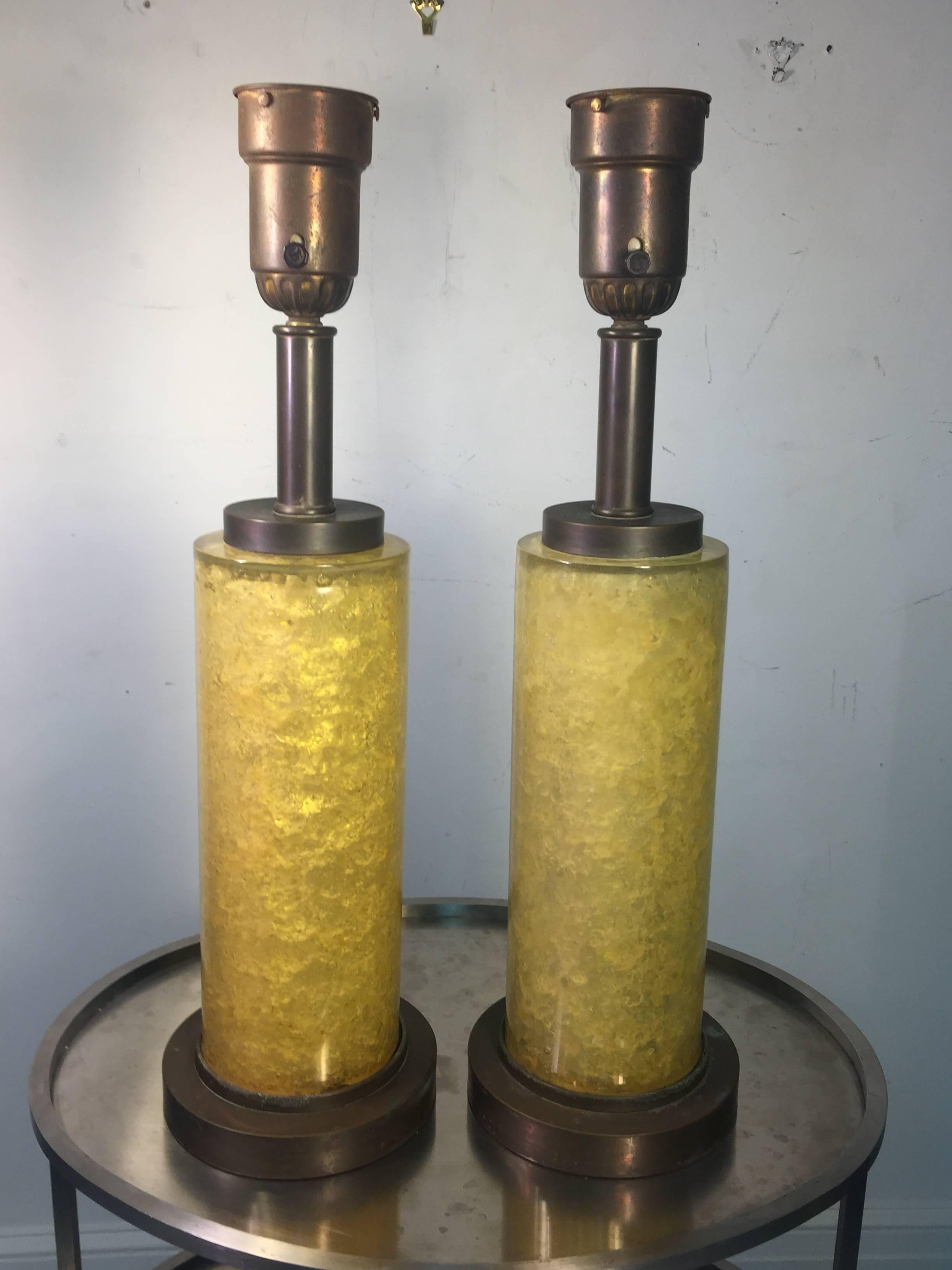 Brass Pair of 1940s Modernist Fractured Yellow Resin Cylinder Lamps For Sale