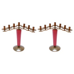 Pair of 1940s French Art Deco Brass and Red Wood Candleholders