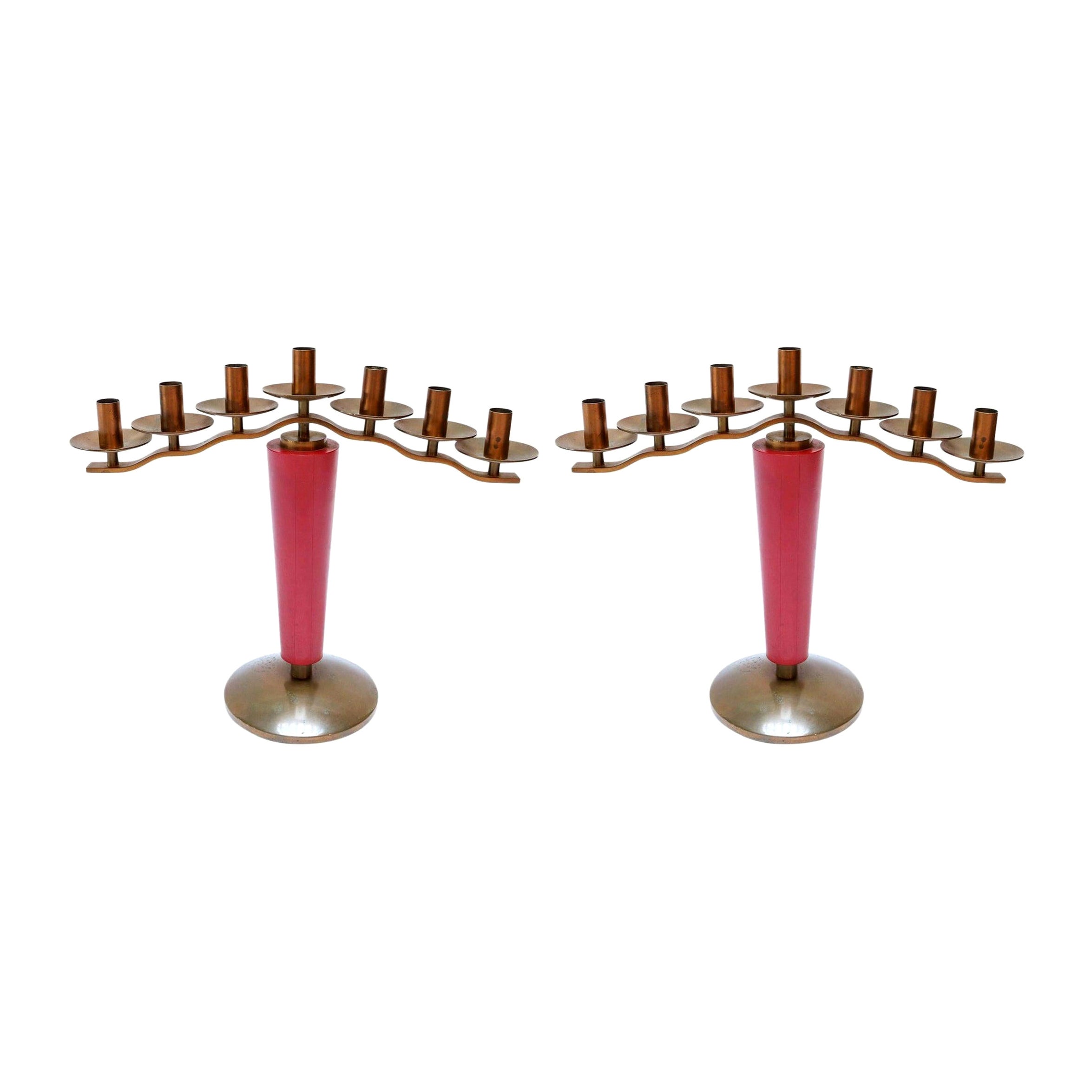 Pair of 1940s French Art Deco Brass and Red Wood Candleholders