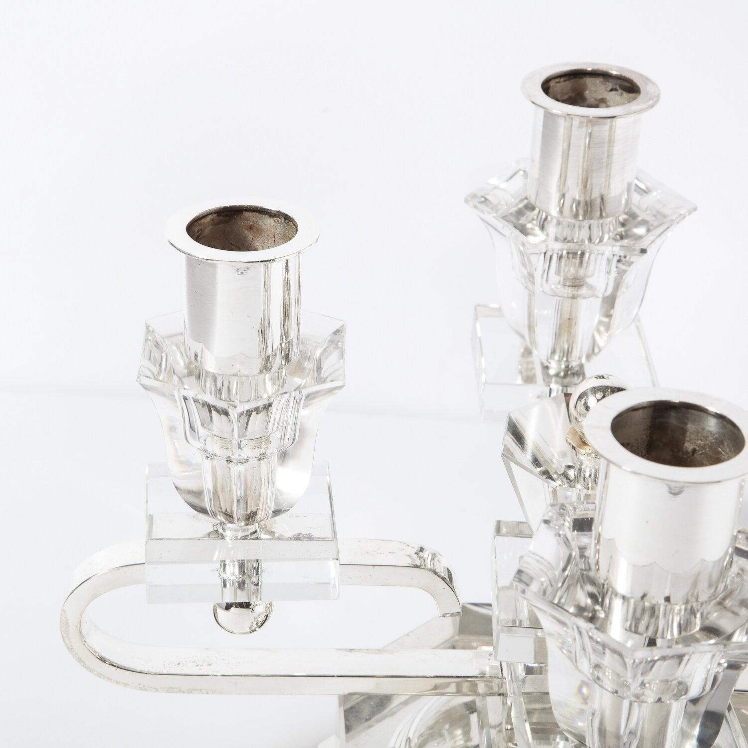 Pair of 1940s French Art Deco Four Arm Silverplate & Crystal Candleholders For Sale 8