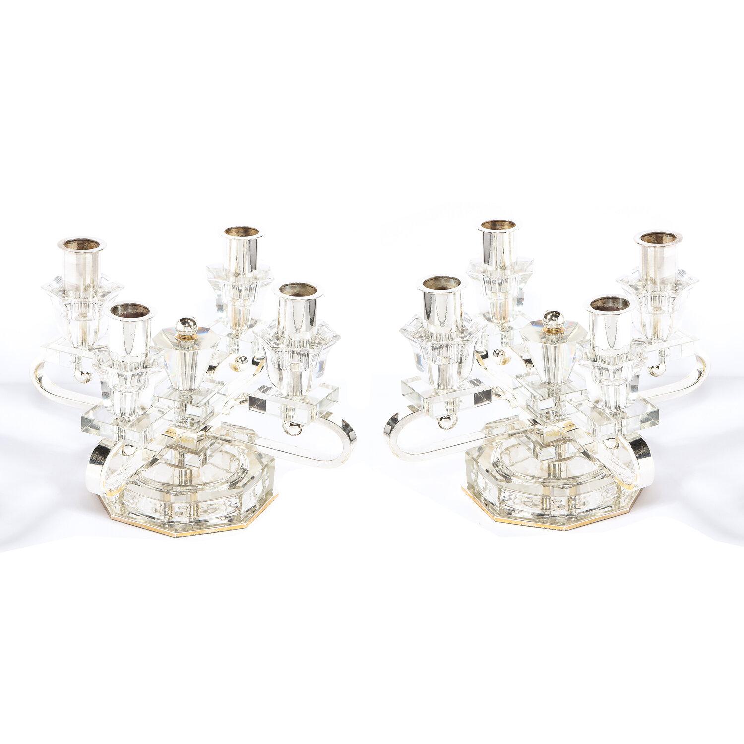 Hollywood Regency Pair of 1940s French Art Deco Four Arm Silverplate & Crystal Candleholders For Sale