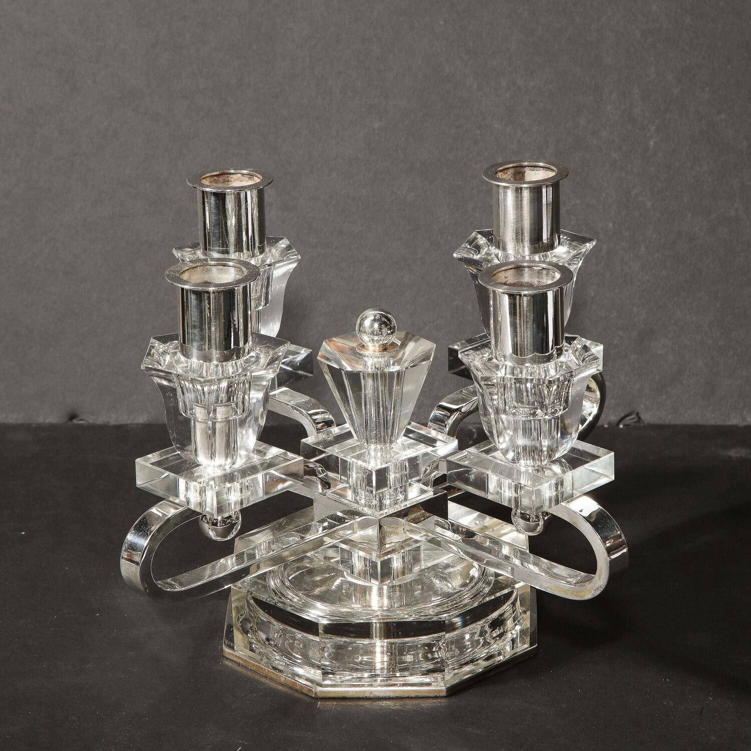 Mid-20th Century Pair of 1940s French Art Deco Four Arm Silverplate & Crystal Candleholders For Sale