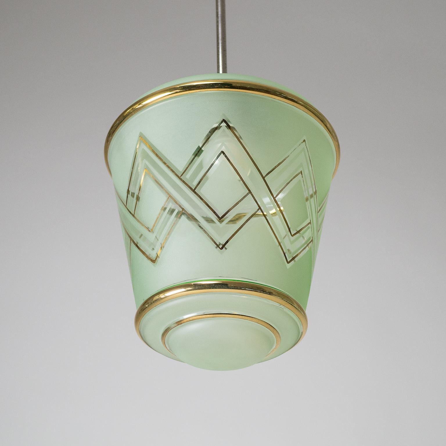 Mid-20th Century Pair of 1940s French Art Deco Lanterns, Mint Glass and Gold Paint