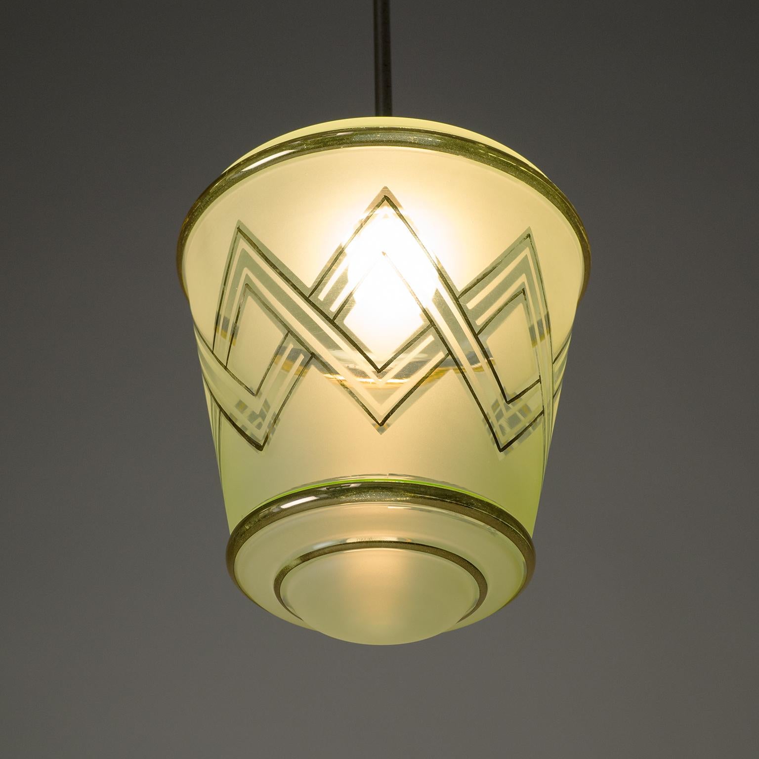 Pair of 1940s French Art Deco Lanterns, Mint Glass and Gold Paint In Good Condition In Vienna, AT