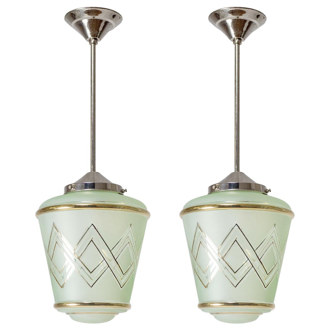 Pair of 1940s French Art Deco Lanterns, Mint Glass and Gold Paint