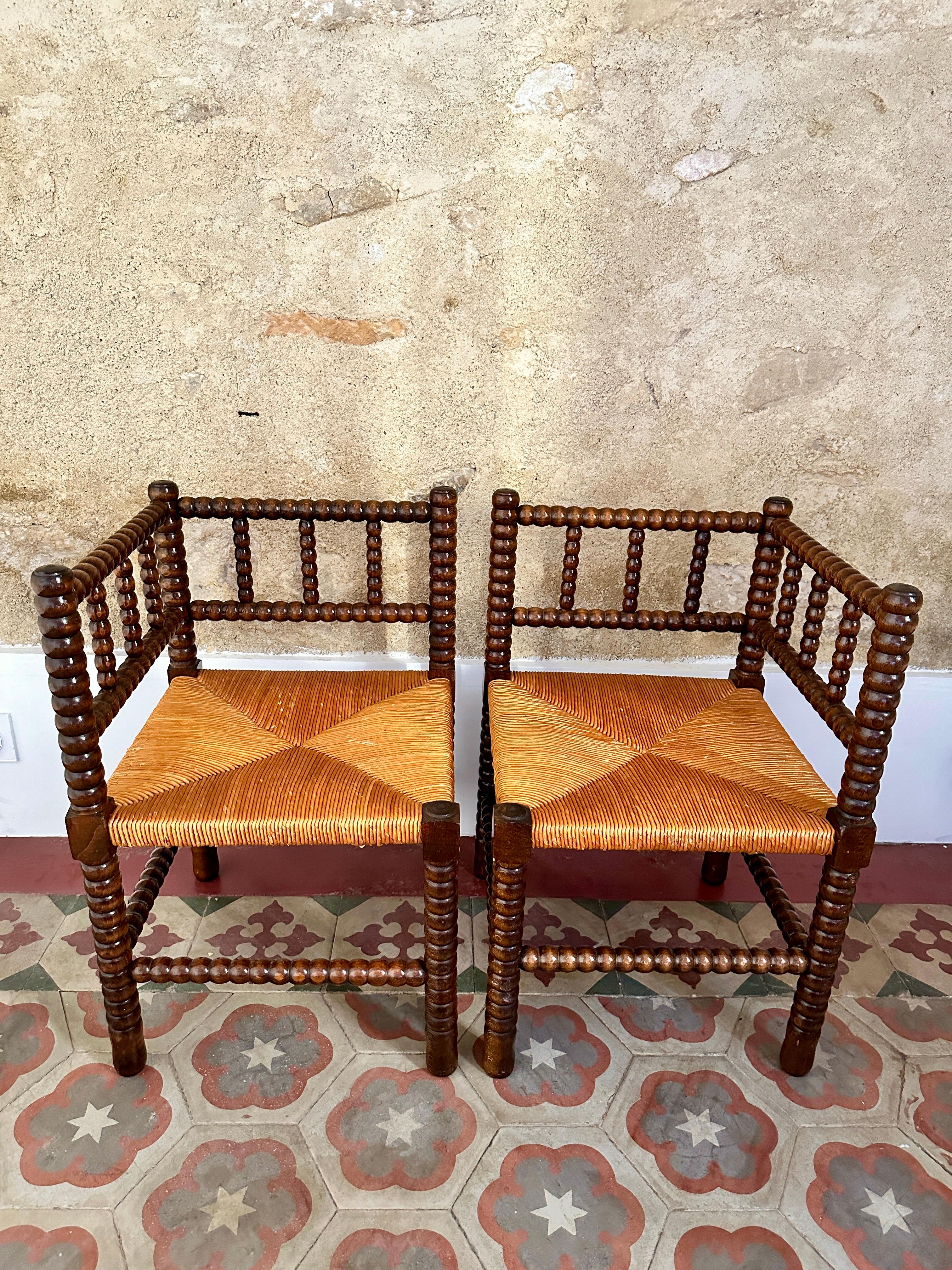 French Provincial Pair of 1940s French Bobbin Corner Chairs