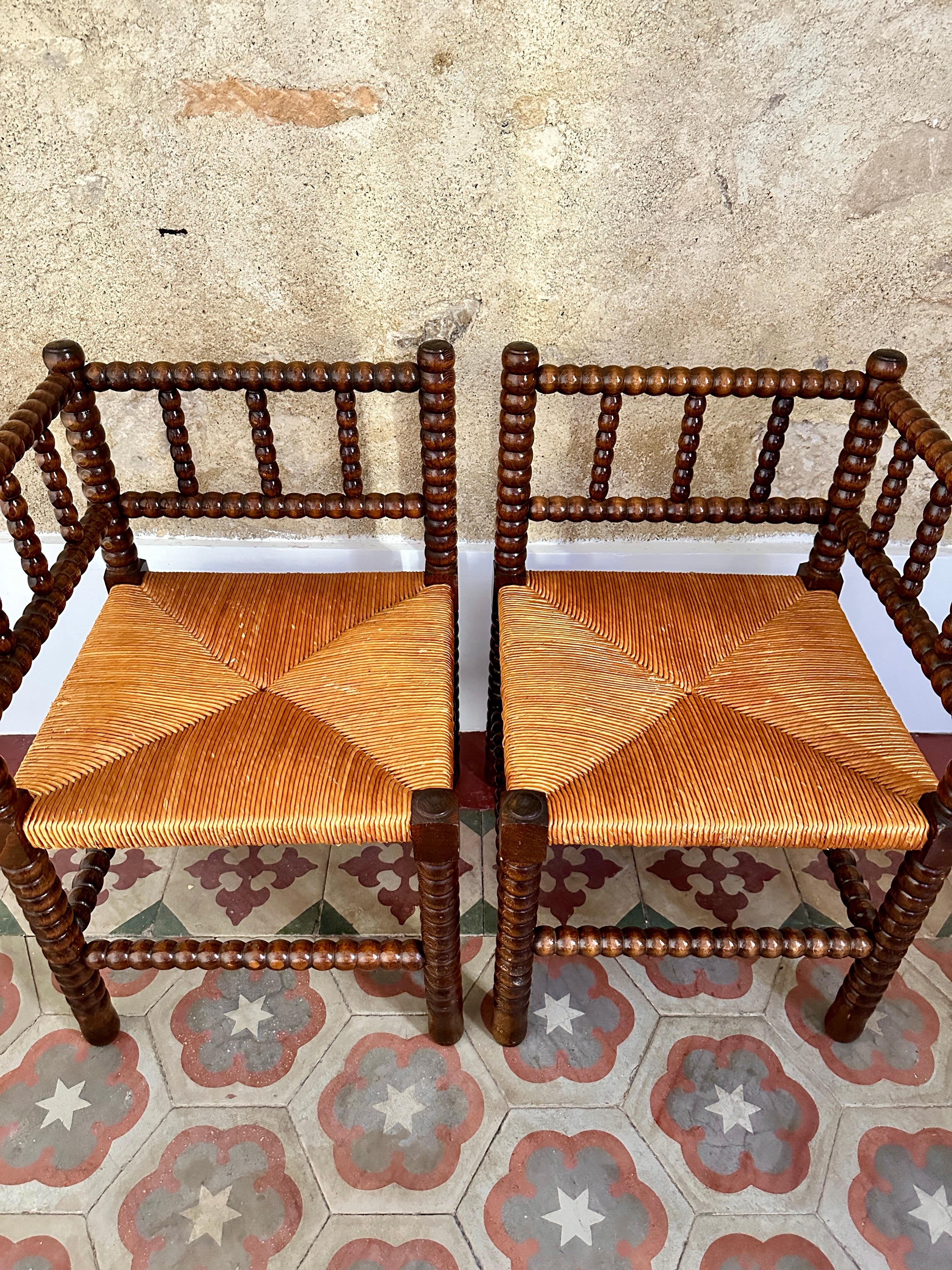 Turned Pair of 1940s French Bobbin Corner Chairs