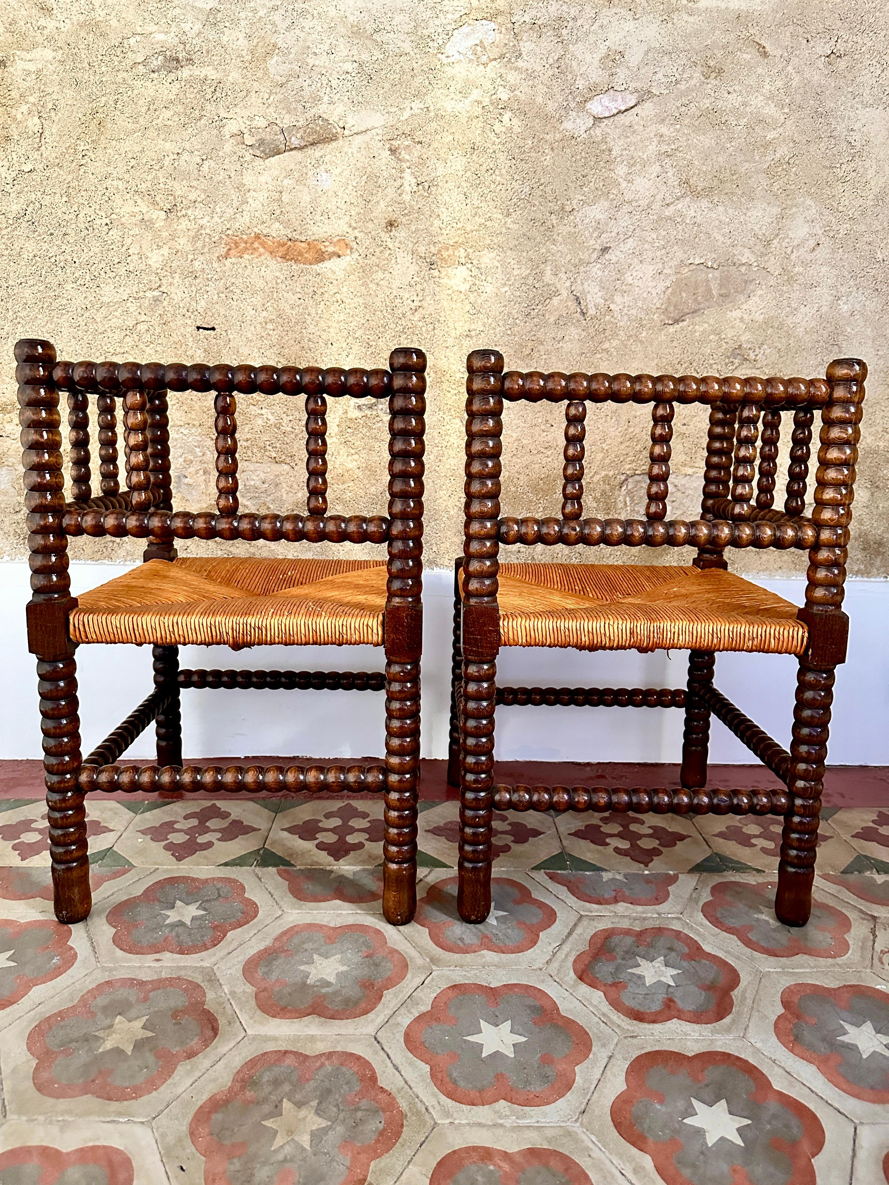 Pair of 1940s French Bobbin Corner Chairs In Good Condition In London, GB