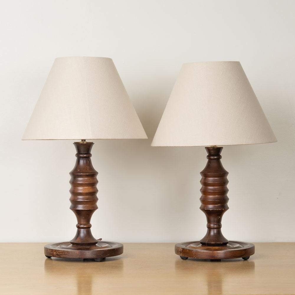 Linen Pair of 1940's French Carved Wood Lamps For Sale