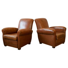 Pair of 1940s French Club Chairs in Original Brown Leather Upholstery