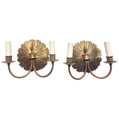 Pair of 1940s French Deco Brass Sun Sconces