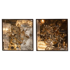 Pair of 1940s French Églomisé & Antiqued mirrored Panels with Bronze Details