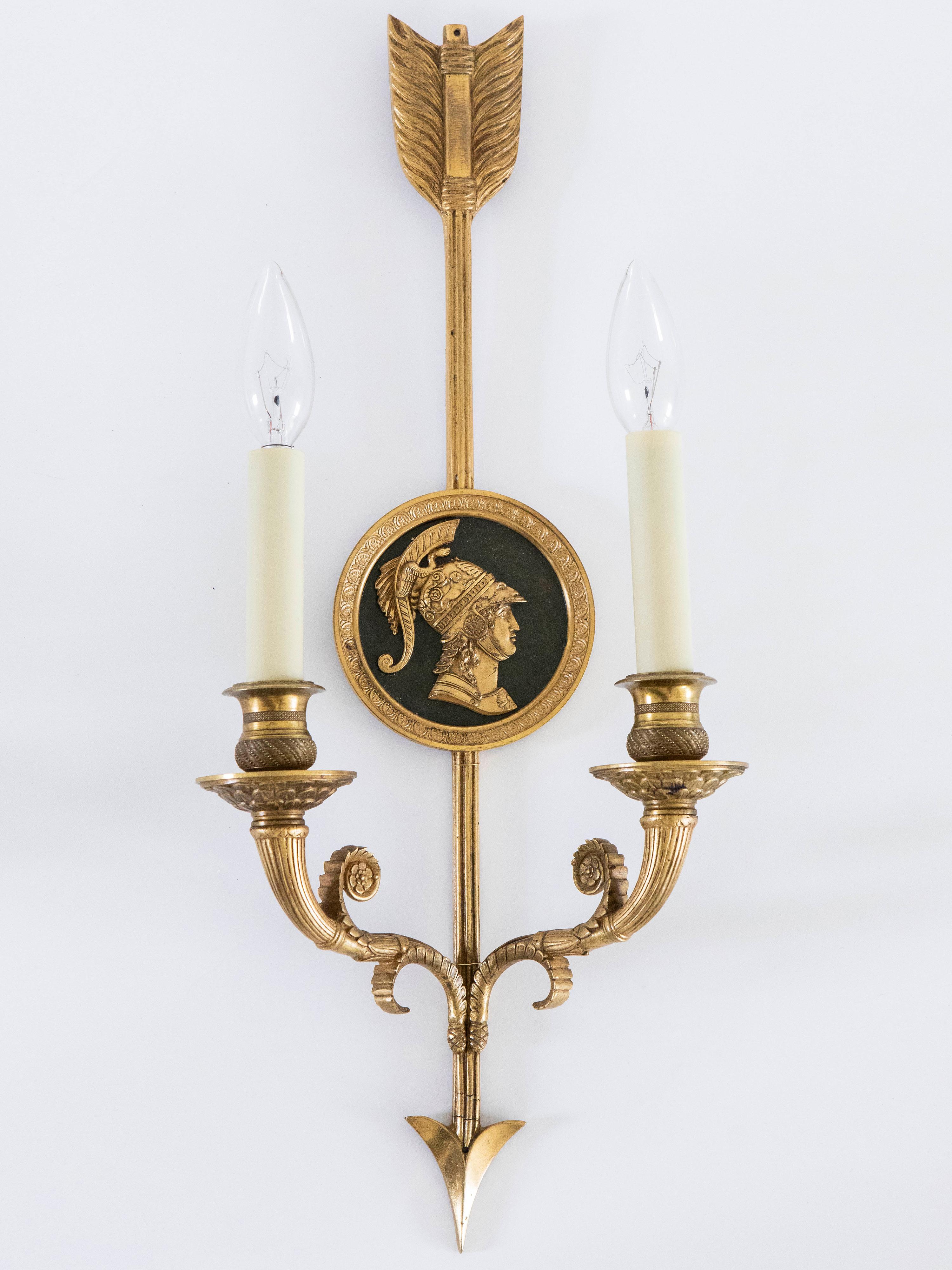 Gilt Pair of 1940s French Empire Arrow Sconces with Black Linen Shades