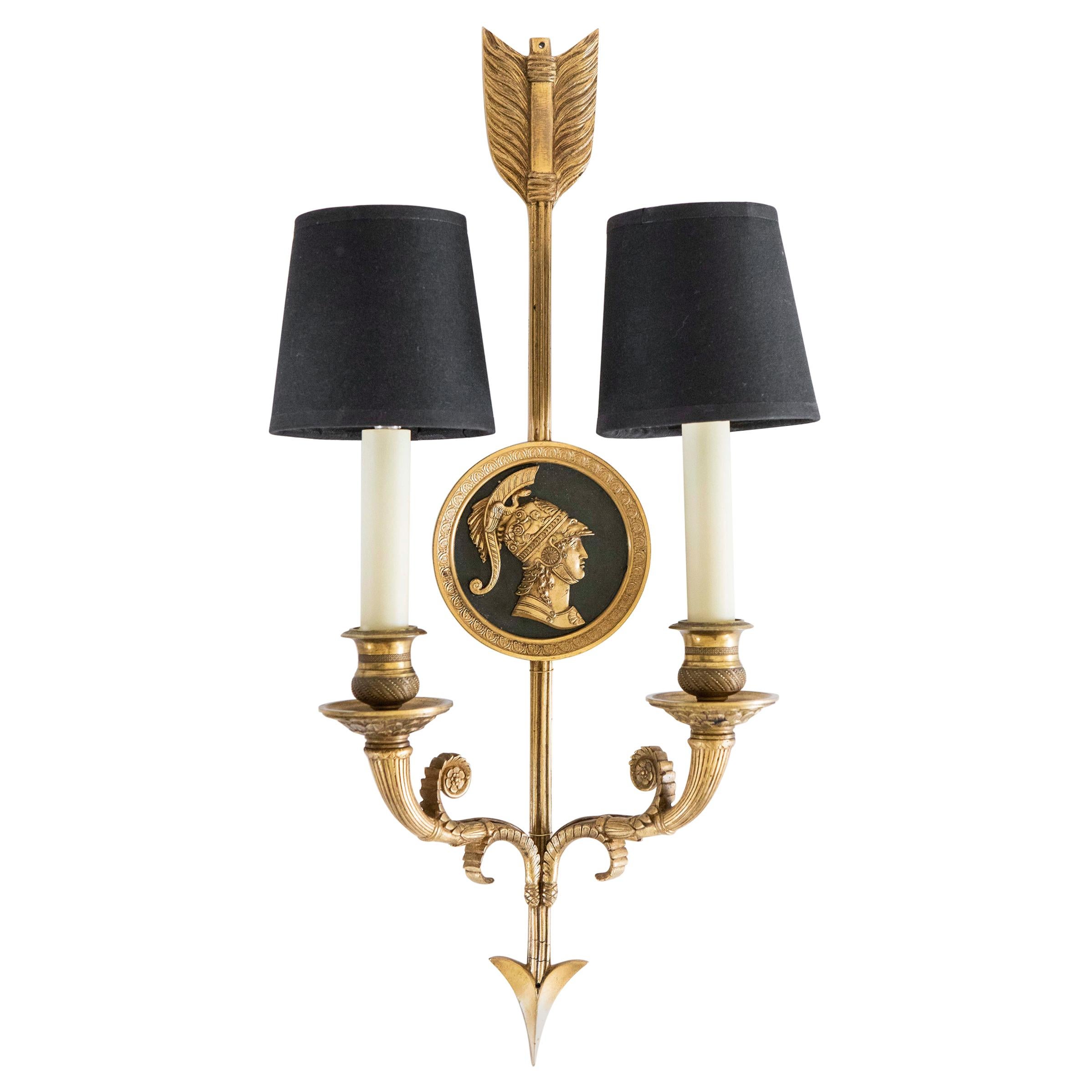 Pair of 1940s French Empire Arrow Sconces with Black Linen Shades