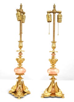 Pair of French Empire Bronze and Quartz Swan Table Lamps