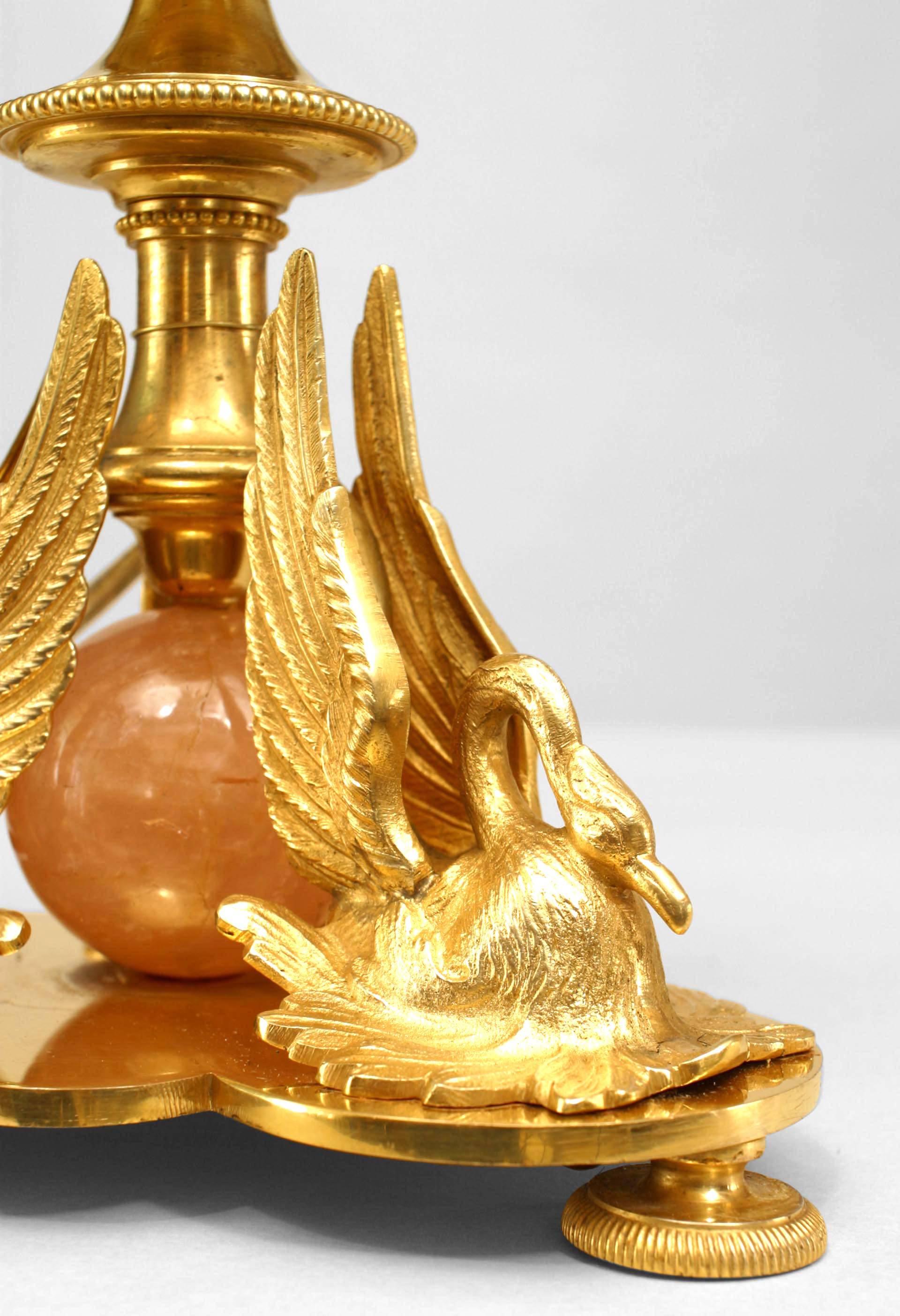 Ormolu Pair of French Empire Bronze and Quartz Swan Table Lamps For Sale