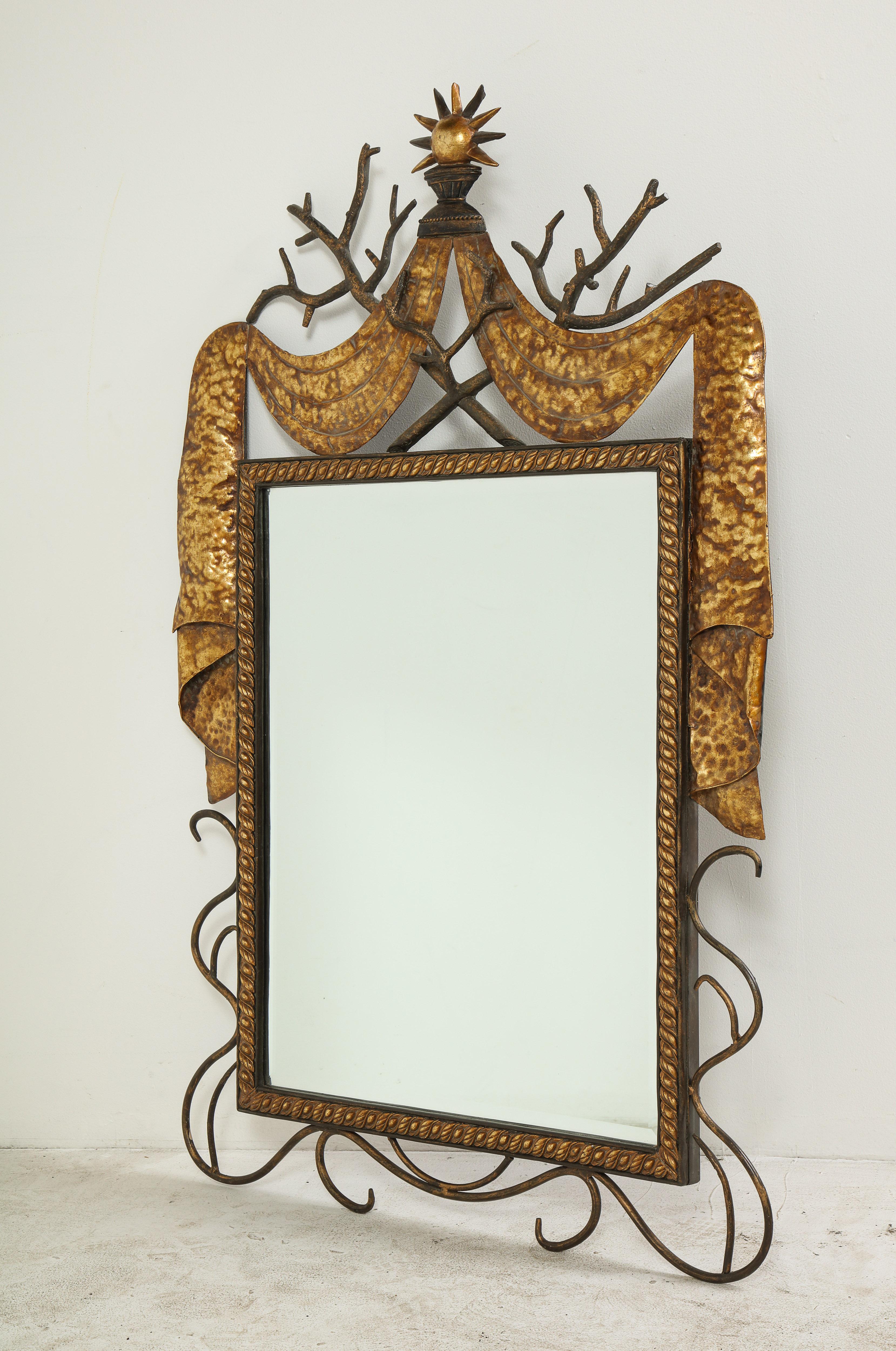 Pair of Gilbert Poillerat Style Parcel-Gilt and Black Iron Wall Mirrors 5