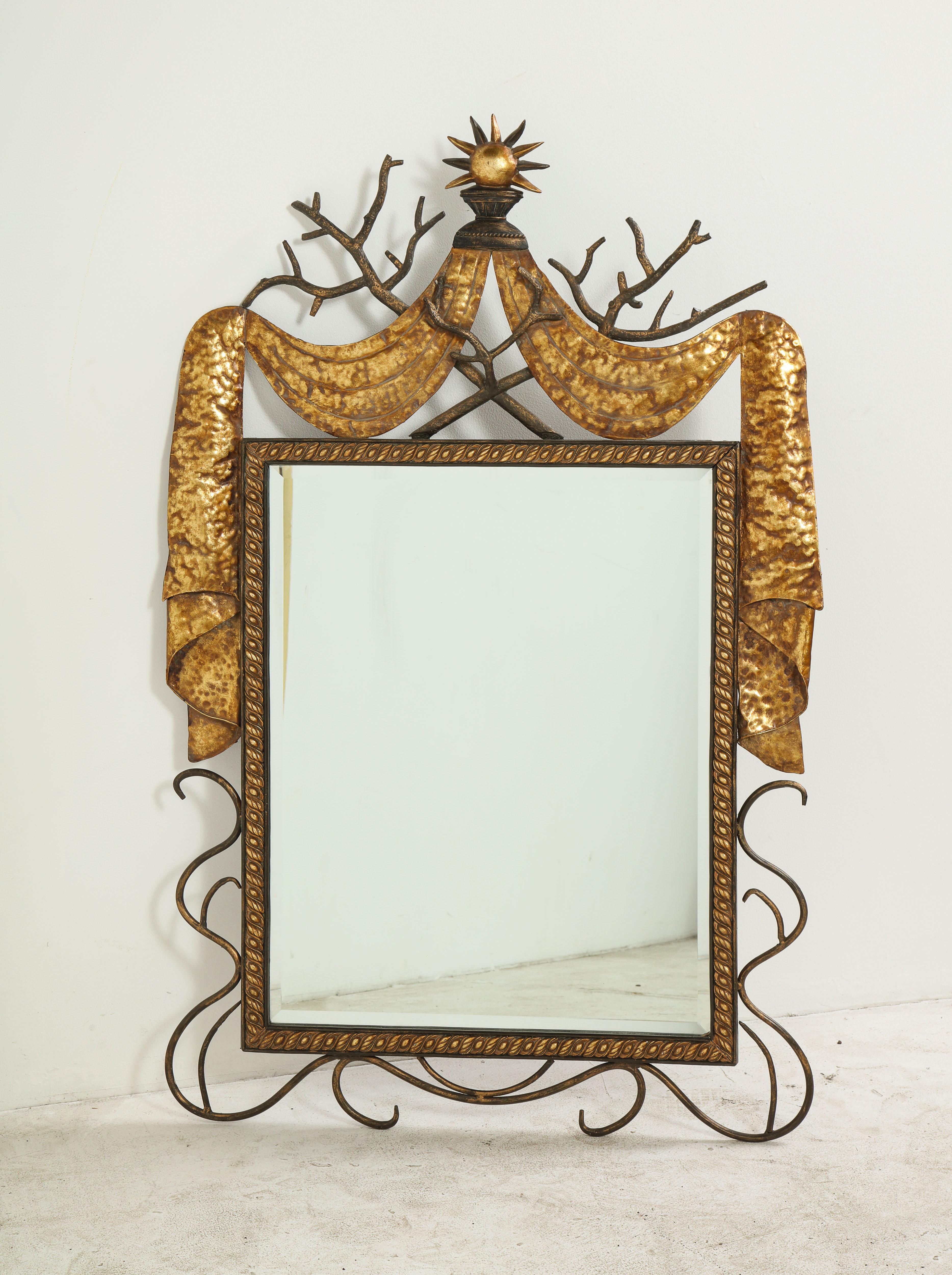 Pair of Gilbert Poillerat Style Parcel-Gilt and Black Iron Wall Mirrors 6