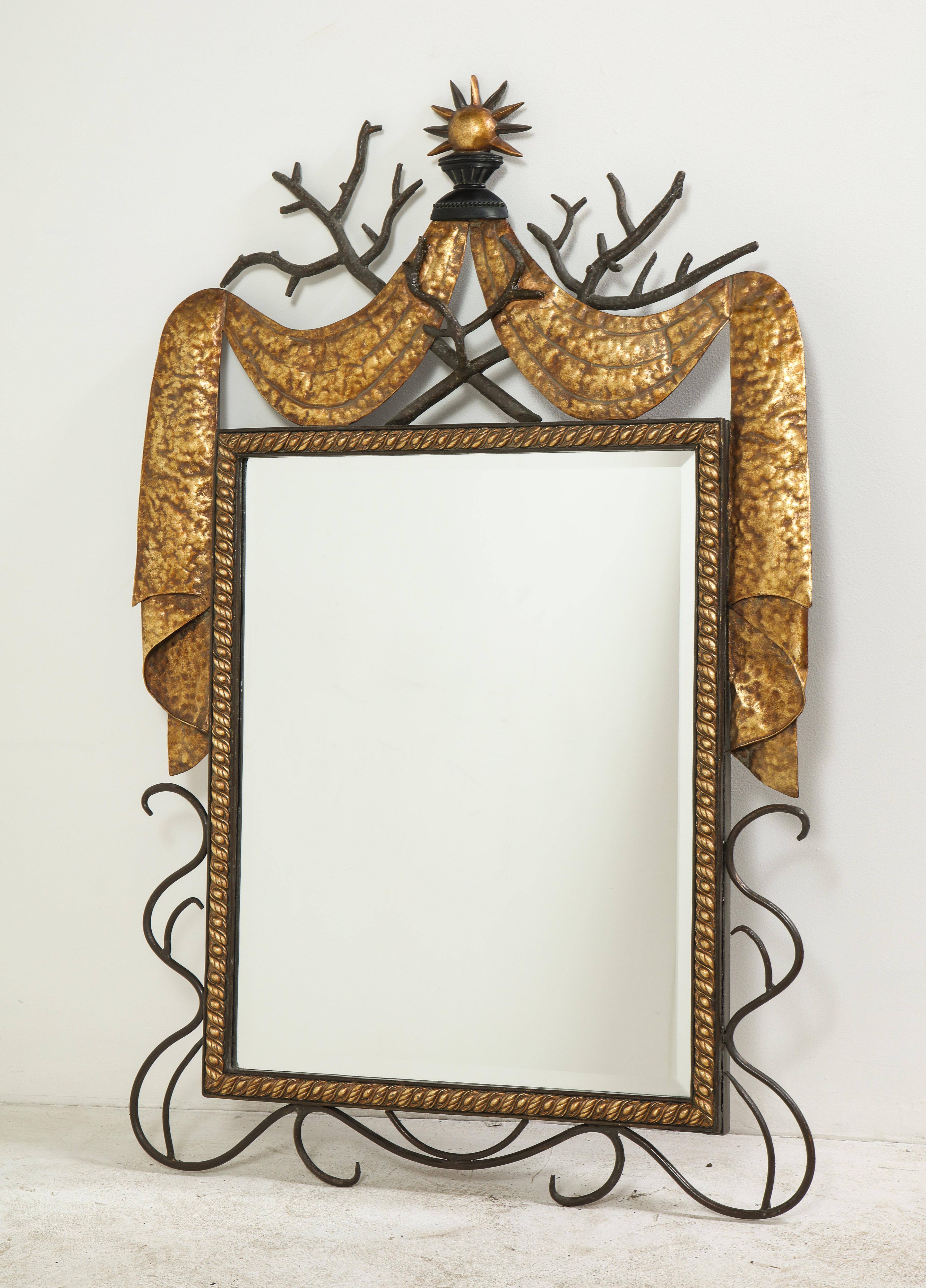 Pair of Gilbert Poillerat Style Parcel-Gilt and Black Iron Wall Mirrors 9