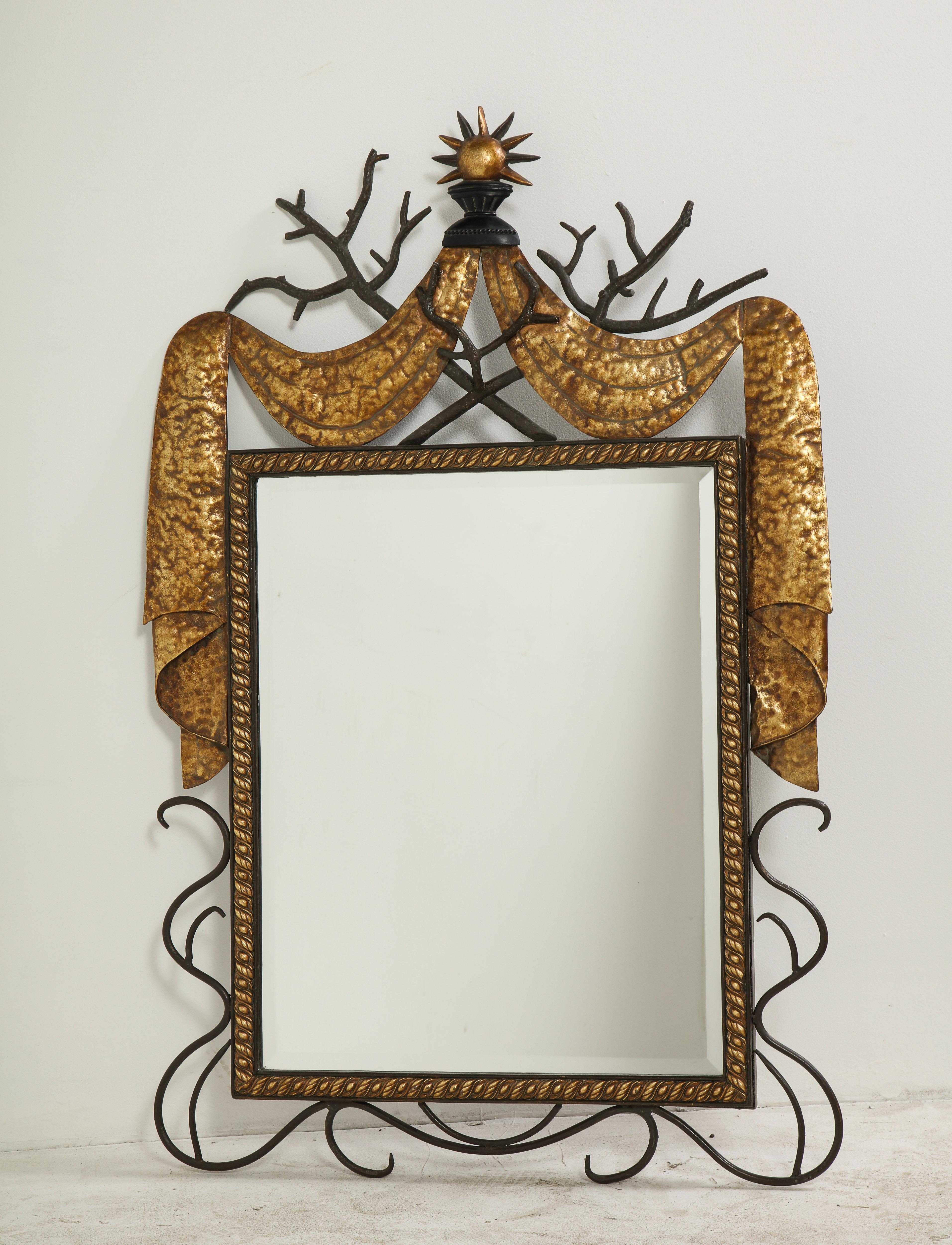 Pair of Gilbert Poillerat Style Parcel-Gilt and Black Iron Wall Mirrors 10