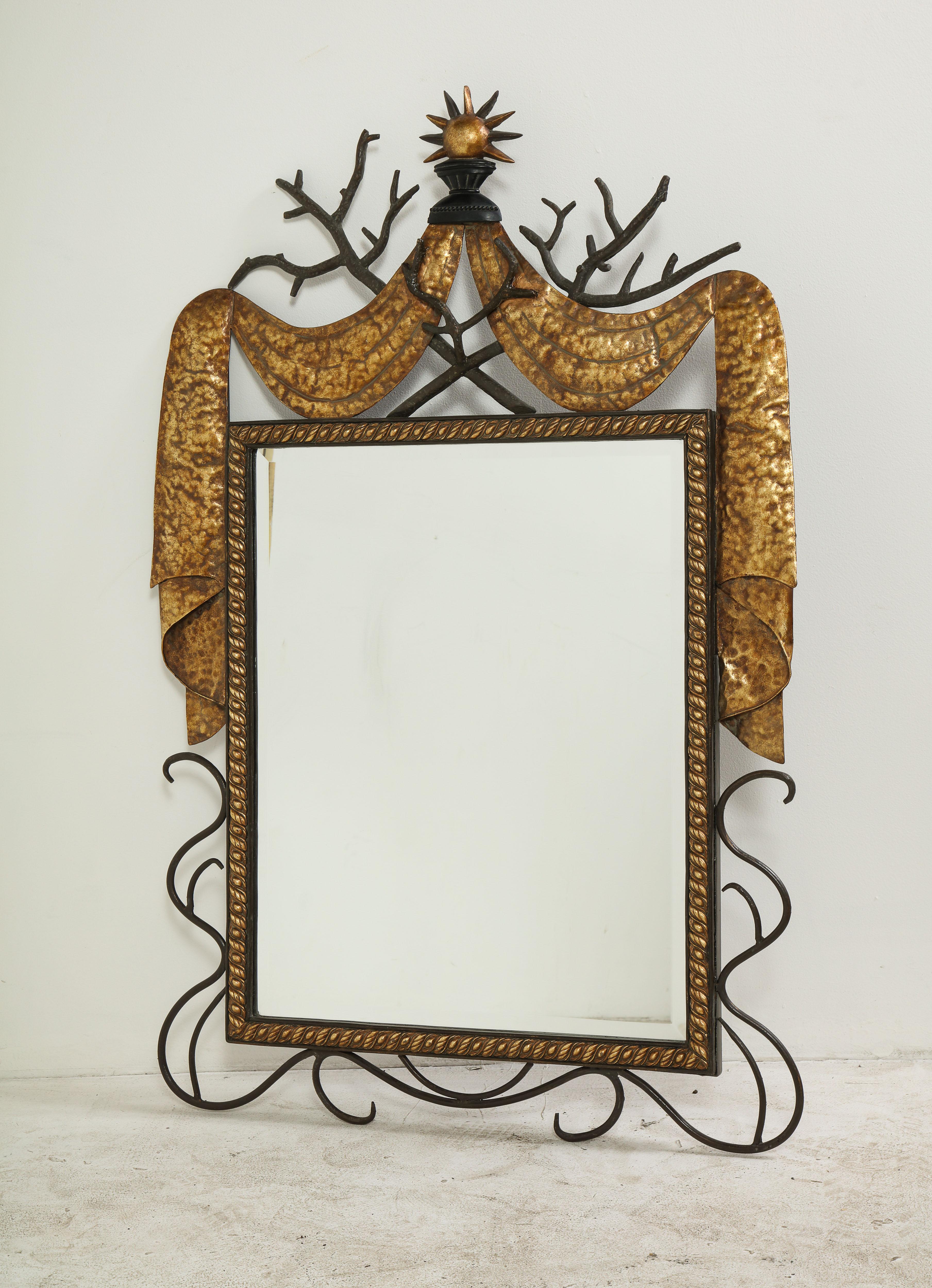 Pair of Gilbert Poillerat Style Parcel-Gilt and Black Iron Wall Mirrors 13