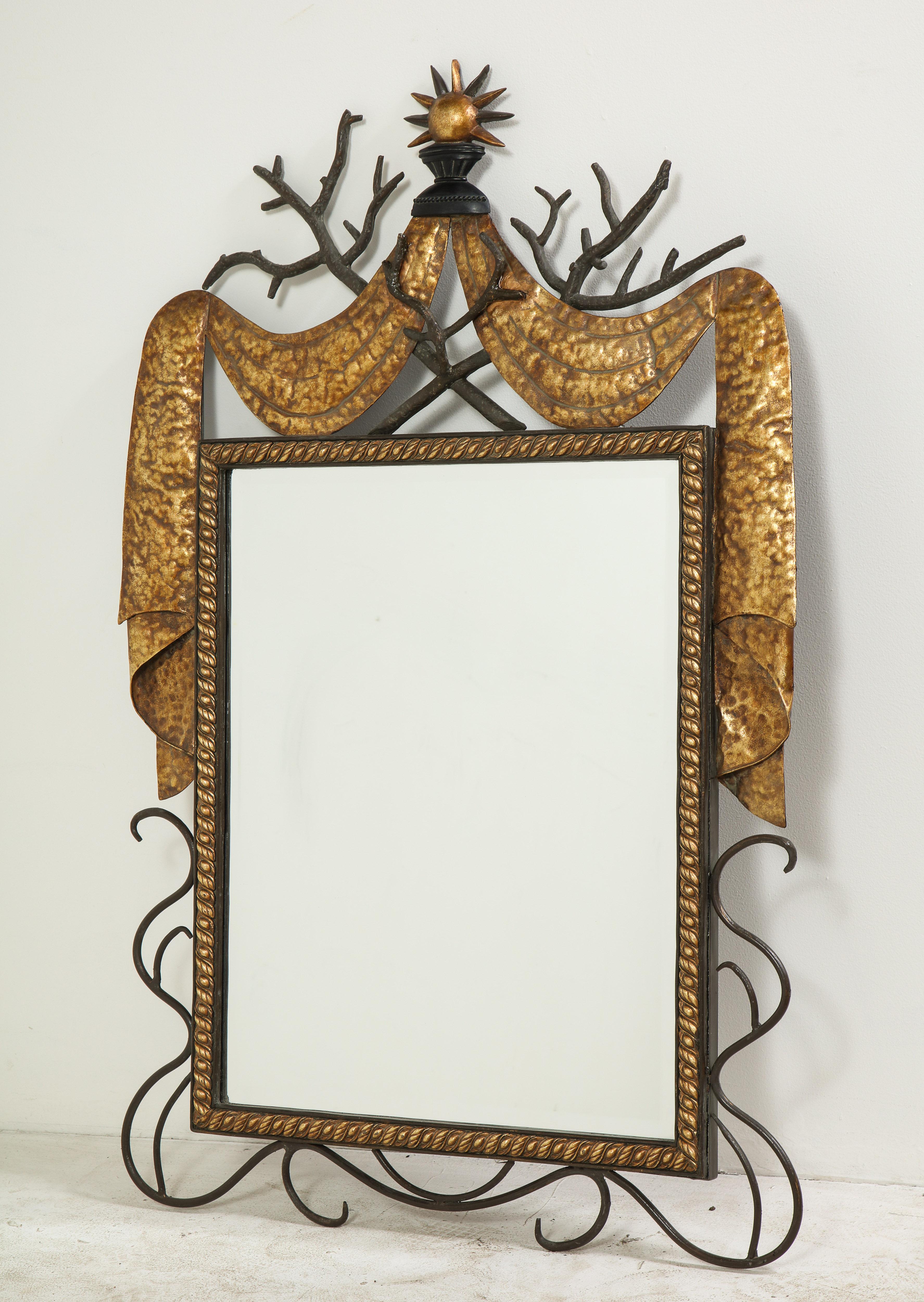 Art Deco Pair of Gilbert Poillerat Style Parcel-Gilt and Black Iron Wall Mirrors