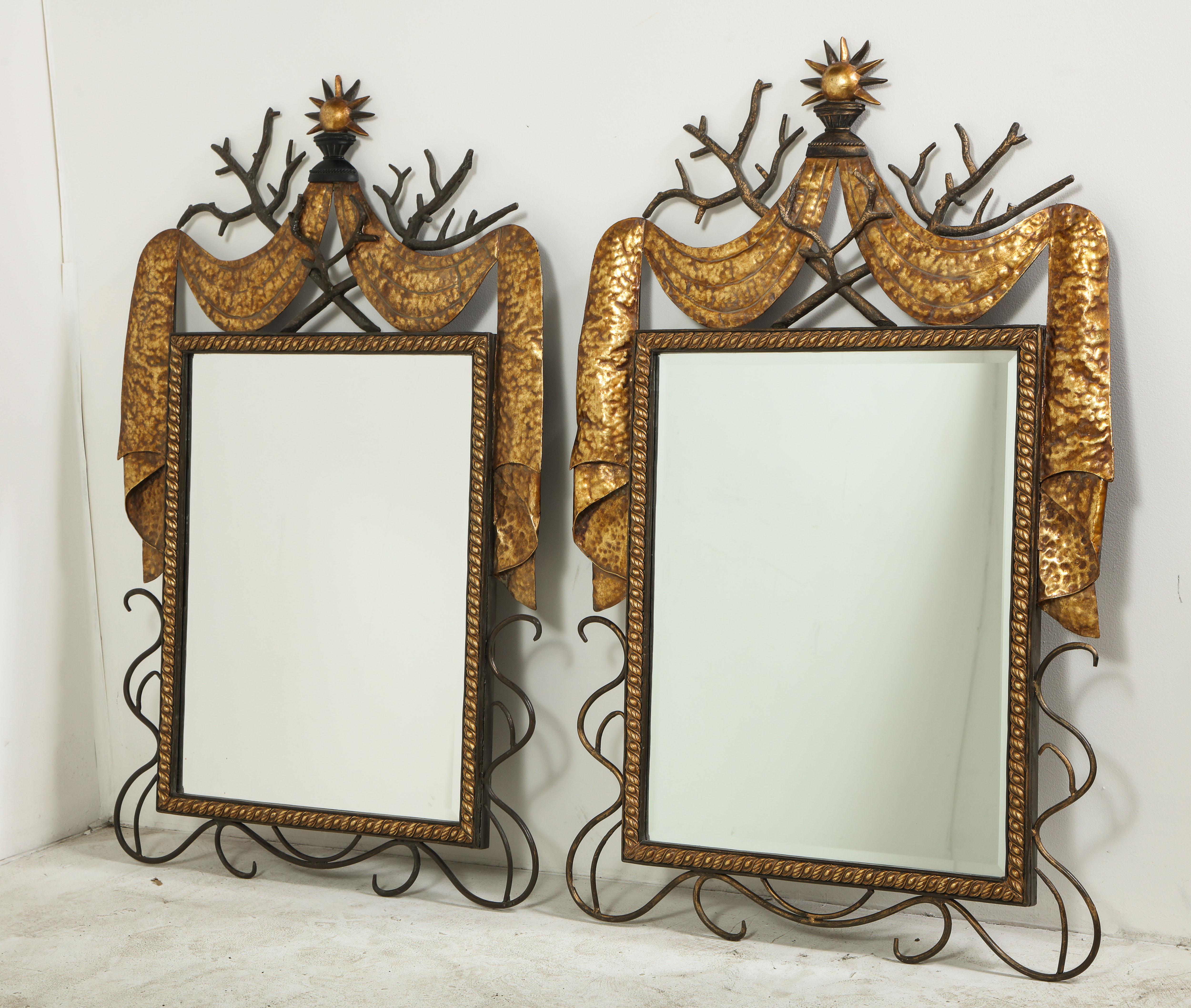 Pair of Gilbert Poillerat Style Parcel-Gilt and Black Iron Wall Mirrors 2
