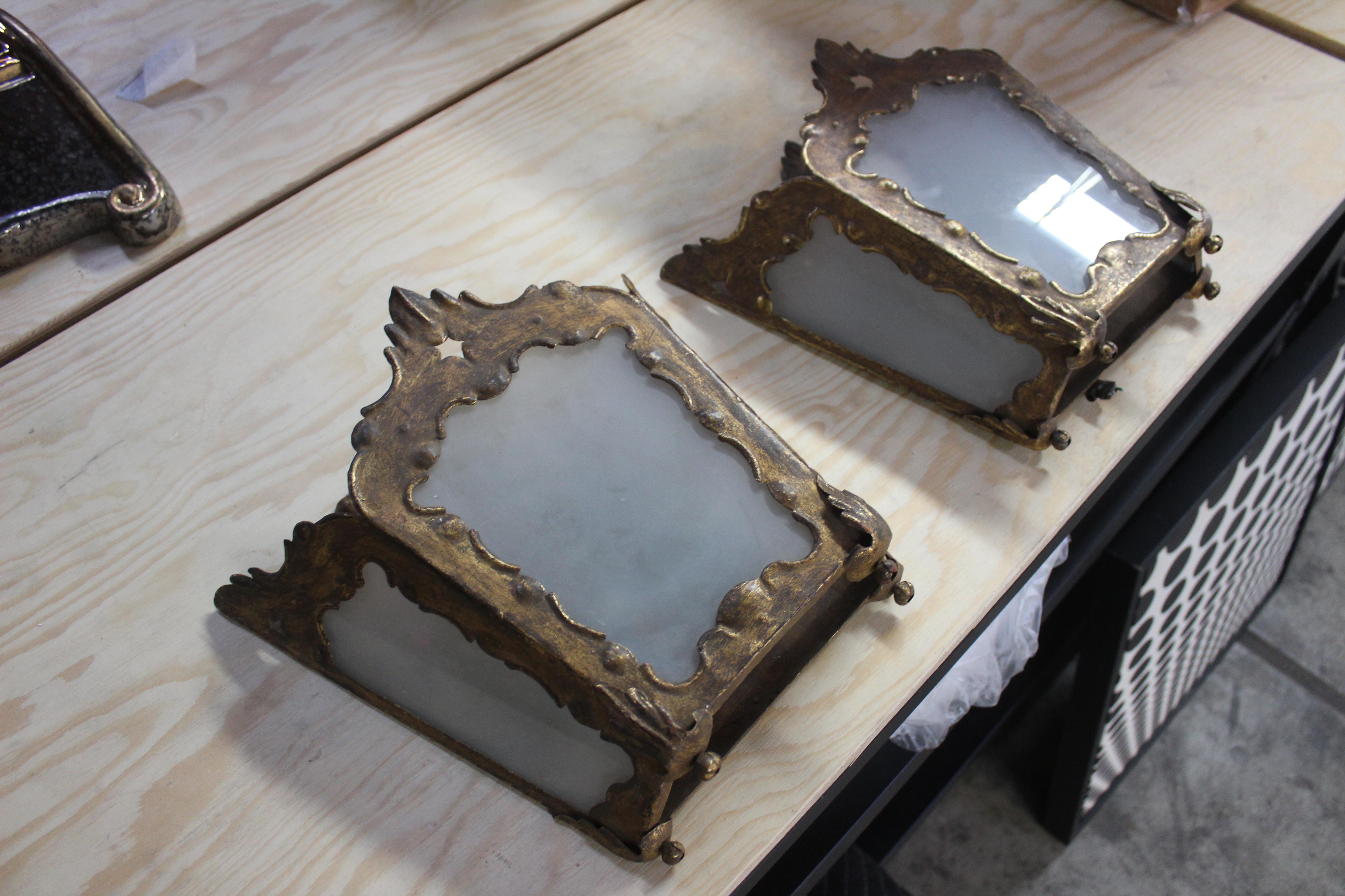 Pair of 1940s French Gilt Metal and Frosted Glass Sconces For Sale 14