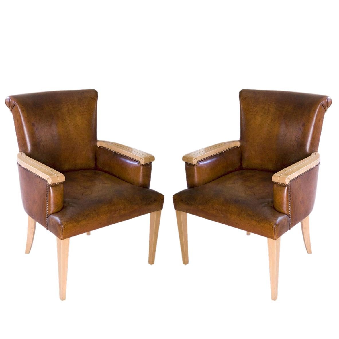 Pair of 1940s French Leather Armchairs For Sale